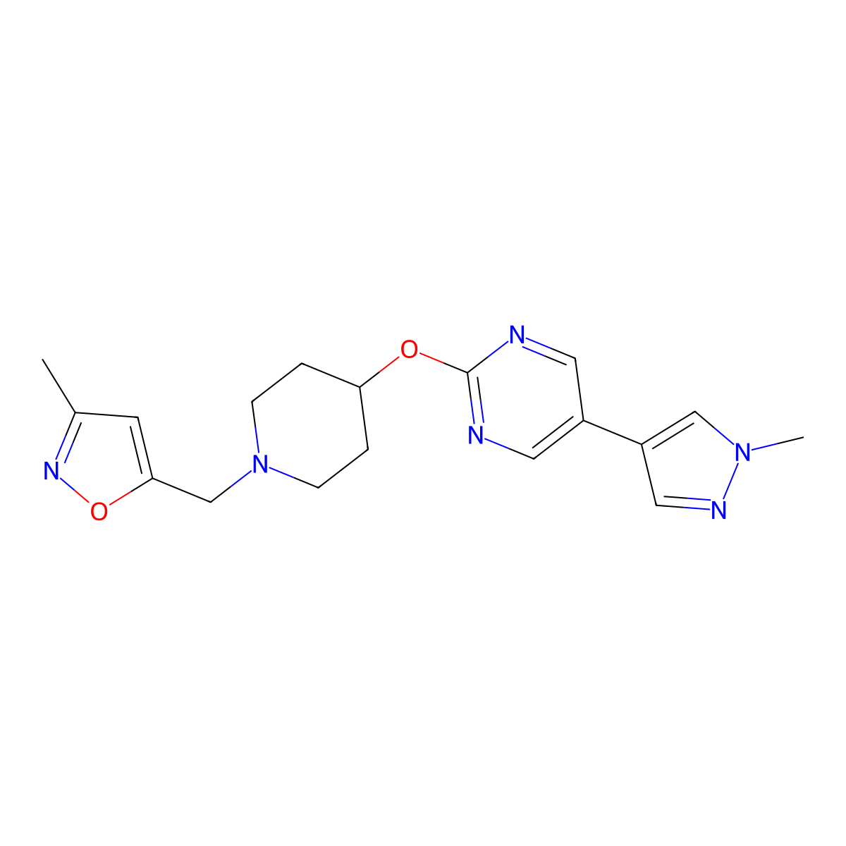 2-({1-[(3-methyl-1,2-oxazol-5-yl)methyl]piperidin-4-yl}oxy)-5-(1-methyl-1H-pyrazol-4-yl)pyrimidine molecular structure, CAS 2549007-84-1