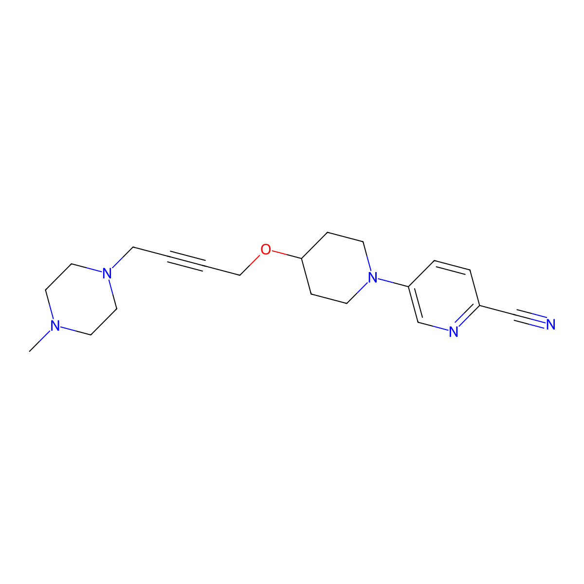 5-(4-{[4-(4-Methylpiperazin-1-yl)but-2-yn-1-yl]oxy}piperidin-1-yl)pyridine-2-carbonitrile molecular structure, CAS 2549007-85-2