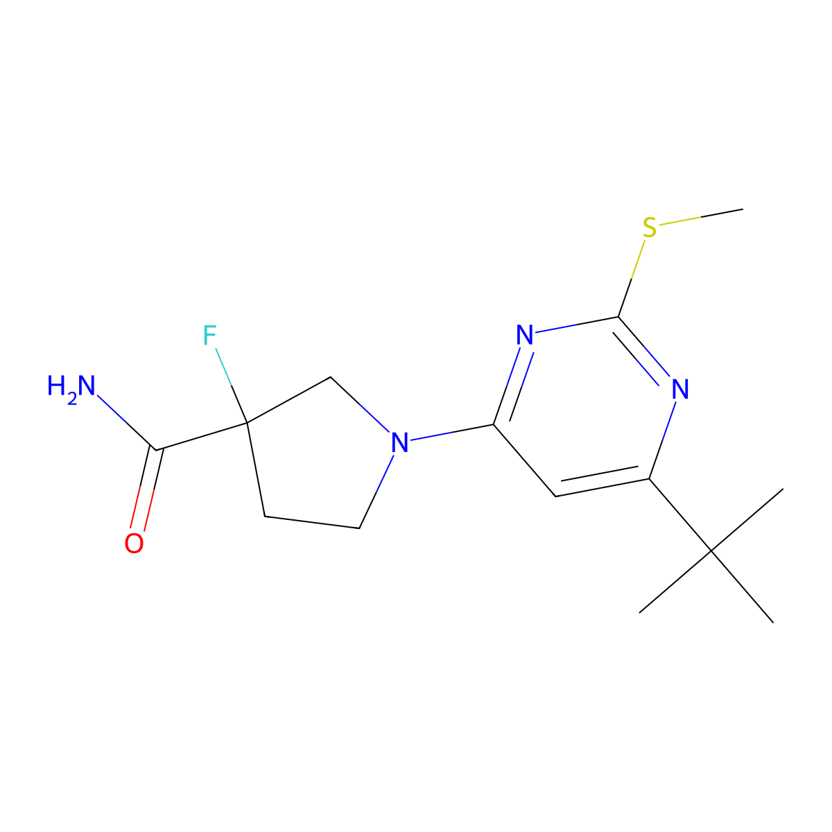 1-[6-Tert-butyl-2-(methylsulfanyl)pyrimidin-4-yl]-3-fluoropyrrolidine-3-carboxamide molecular structure, CAS 2549007-92-1