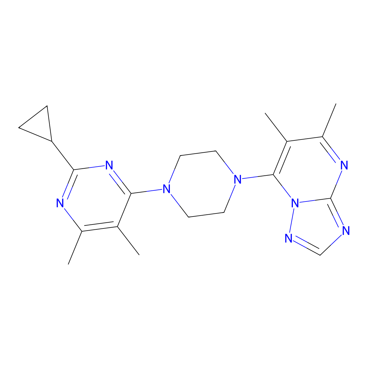 2-Cyclopropyl-4-(4-{5,6-dimethyl-[1,2,4]triazolo[1,5-a]pyrimidin-7-yl}piperazin-1-yl)-5,6-dimethylpyrimidine molecular structure, CAS 2549007-96-5