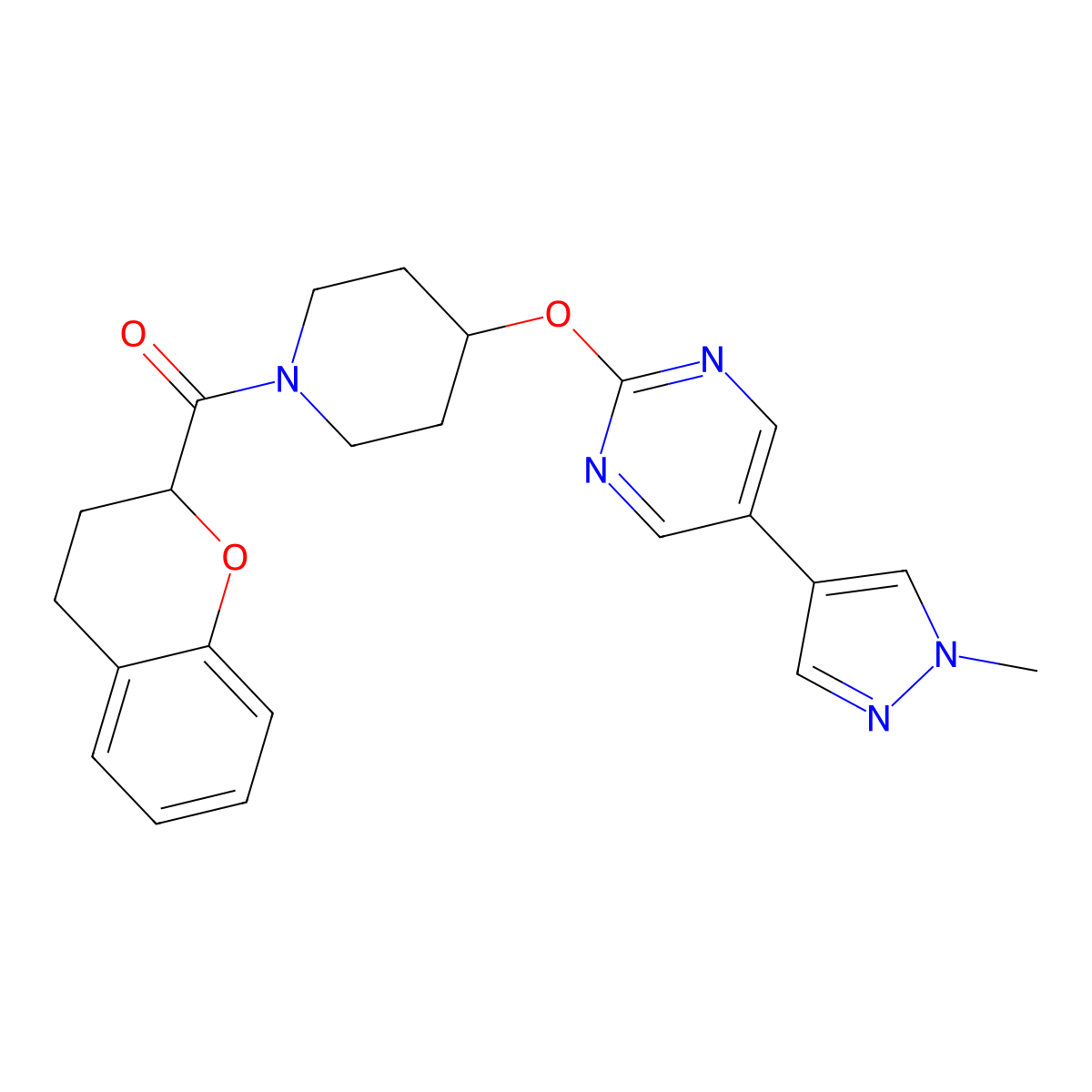 2-{[1-(3,4-dihydro-2H-1-benzopyran-2-carbonyl)piperidin-4-yl]oxy}-5-(1-methyl-1H-pyrazol-4-yl)pyrimidine molecular structure, CAS 2549008-16-2