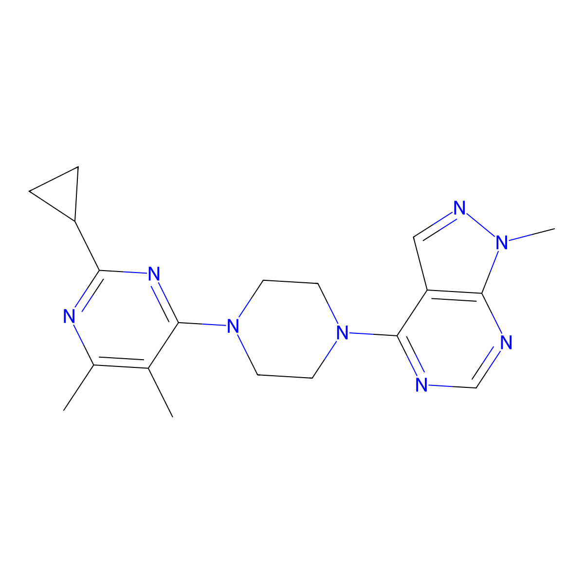 2-cyclopropyl-4,5-dimethyl-6-(4-{1-methyl-1H-pyrazolo[3,4-d]pyrimidin-4-yl}piperazin-1-yl)pyrimidine molecular structure, CAS 2549008-24-2