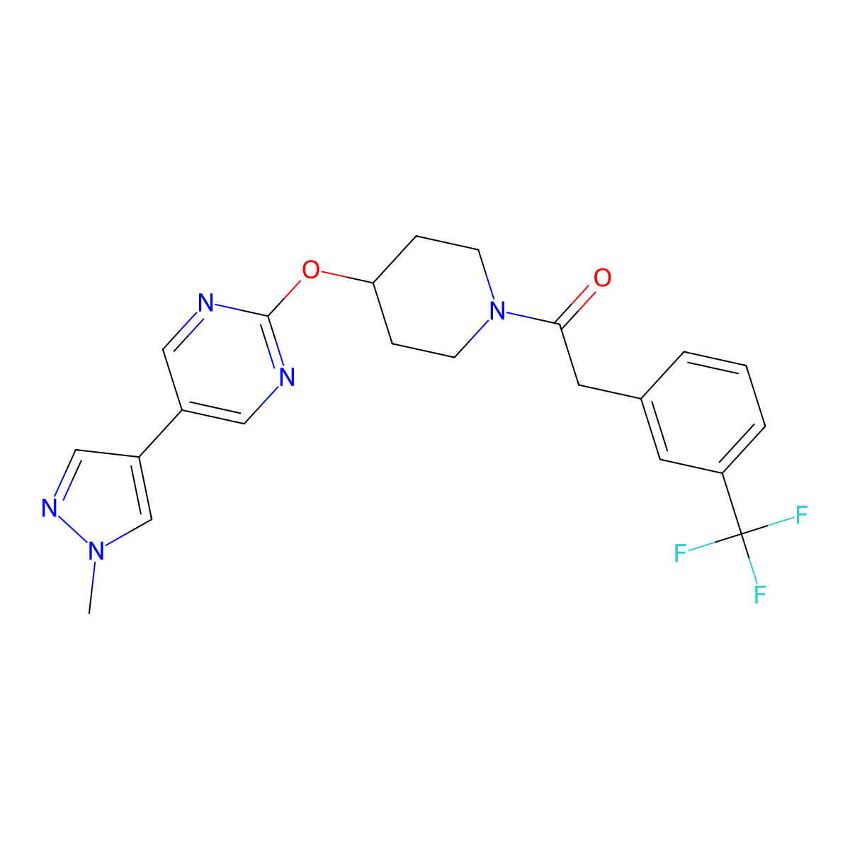 1-(4-{[5-(1-methyl-1H-pyrazol-4-yl)pyrimidin-2-yl]oxy}piperidin-1-yl)-2-[3-(trifluoromethyl)phenyl]ethan-1-one molecular structure, CAS 2549008-27-5