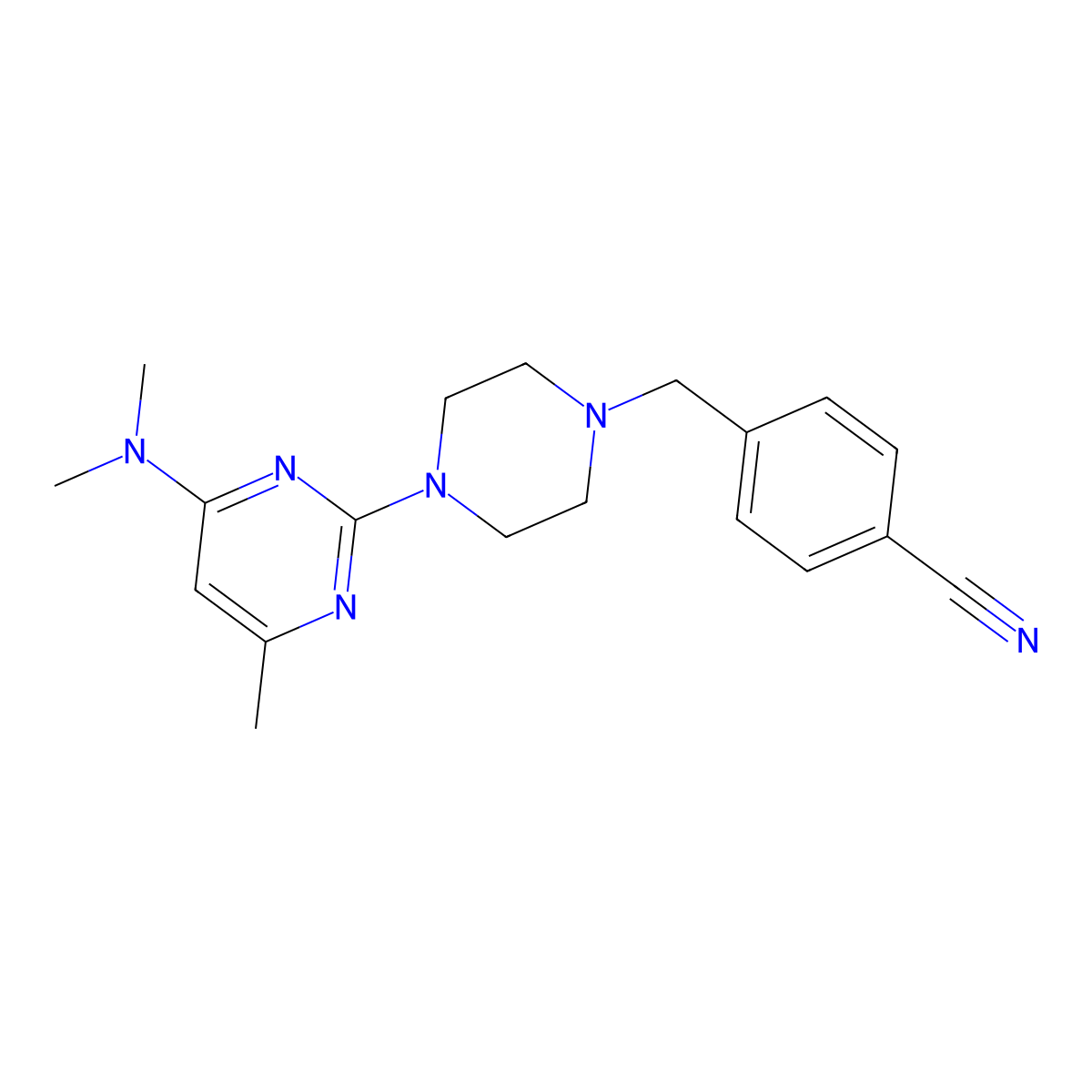 4-({4-[4-(Dimethylamino)-6-methylpyrimidin-2-yl]piperazin-1-yl}methyl)benzonitrile molecular structure, CAS 2549008-38-8