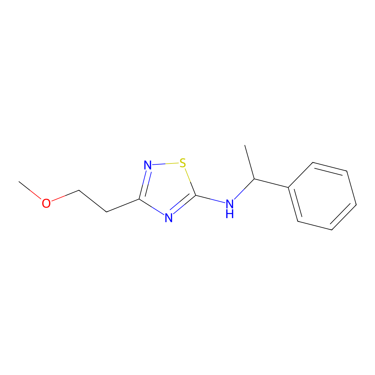 3-(2-methoxyethyl)-N-(1-phenylethyl)-1,2,4-thiadiazol-5-amine molecular structure, CAS 2549008-42-4