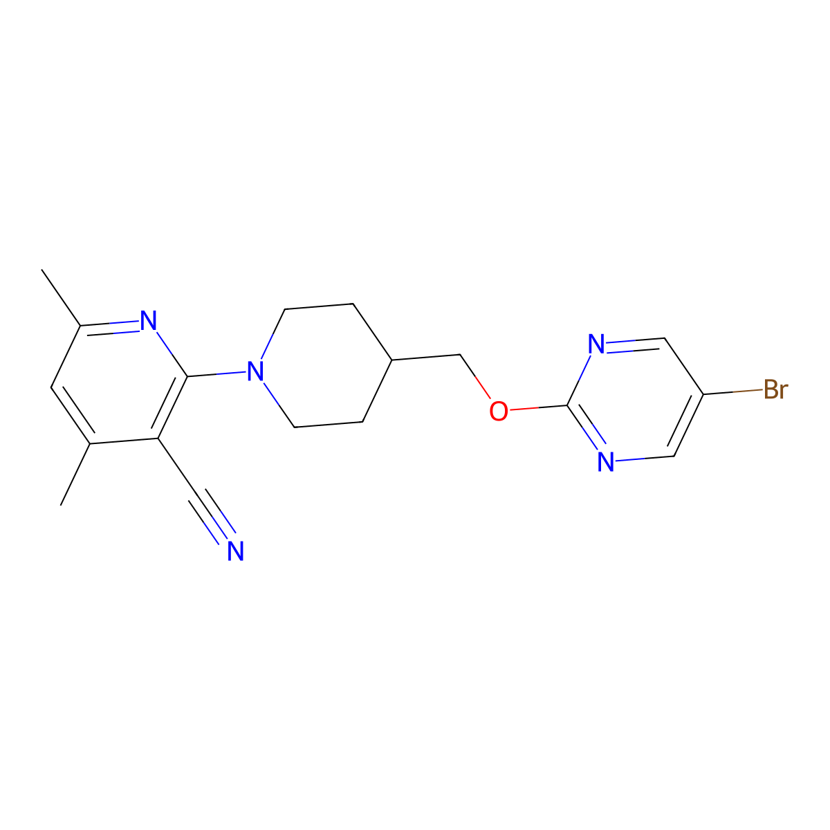 2-(4-{[(5-Bromopyrimidin-2-yl)oxy]methyl}piperidin-1-yl)-4,6-dimethylpyridine-3-carbonitrile molecular structure, CAS 2549008-48-0