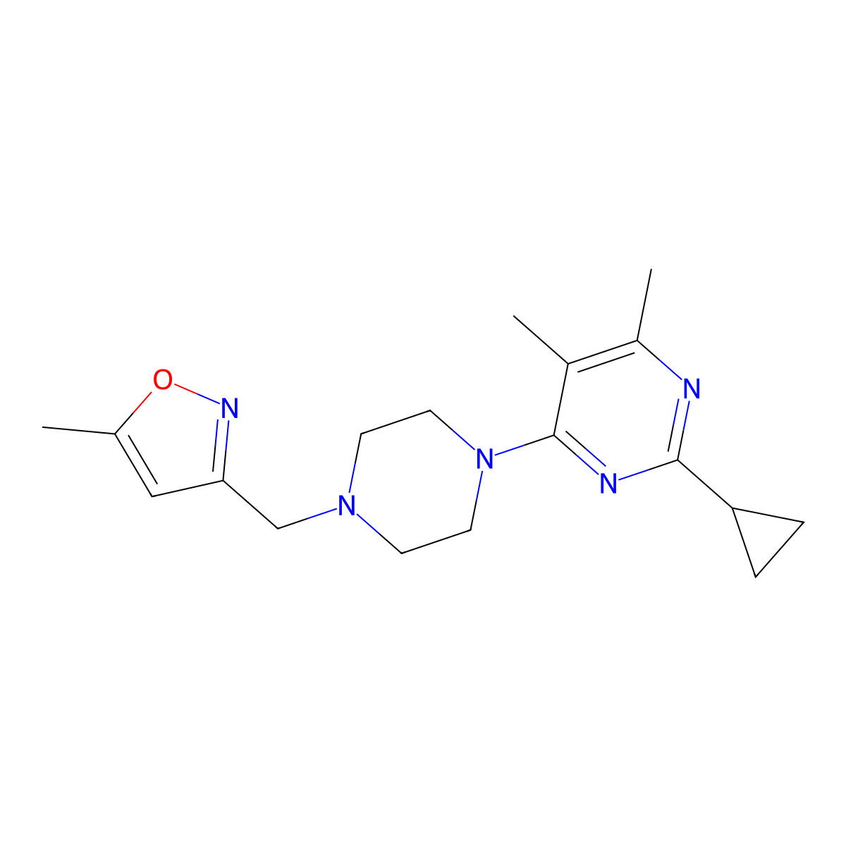 2-Cyclopropyl-4,5-dimethyl-6-{4-[(5-methyl-1,2-oxazol-3-yl)methyl]piperazin-1-yl}pyrimidine molecular structure, CAS 2549008-49-1