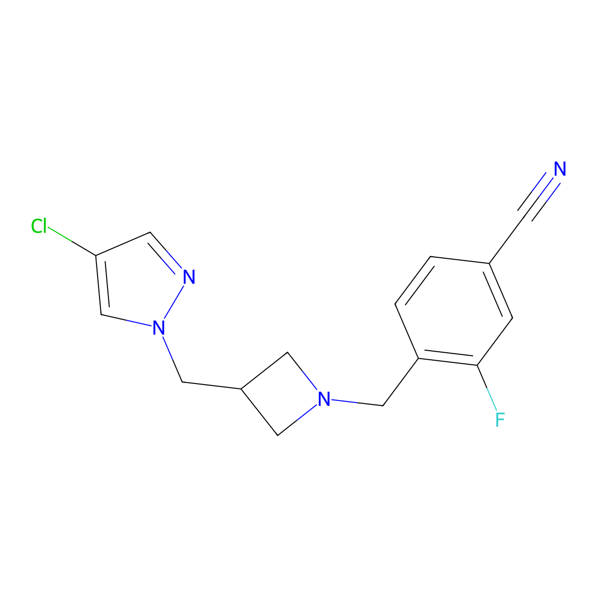 4-({3-[(4-chloro-1H-pyrazol-1-yl)methyl]azetidin-1-yl}methyl)-3-fluorobenzonitrile molecular structure, CAS 2549008-53-7