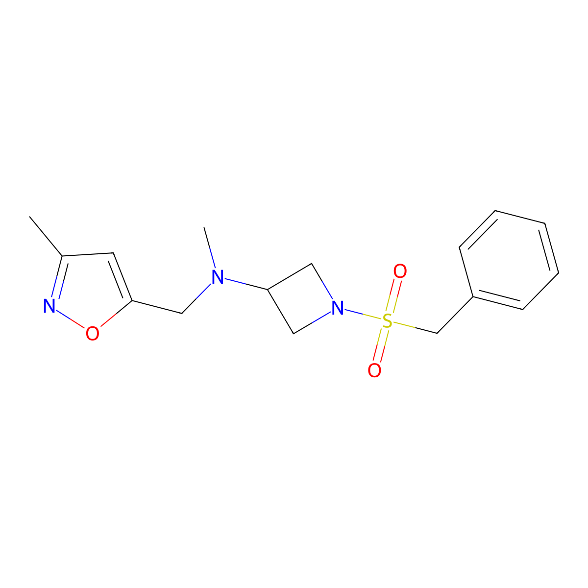 N-methyl-N-[(3-methyl-1,2-oxazol-5-yl)methyl]-1-phenylmethanesulfonylazetidin-3-amine molecular structure, CAS 2549008-55-9