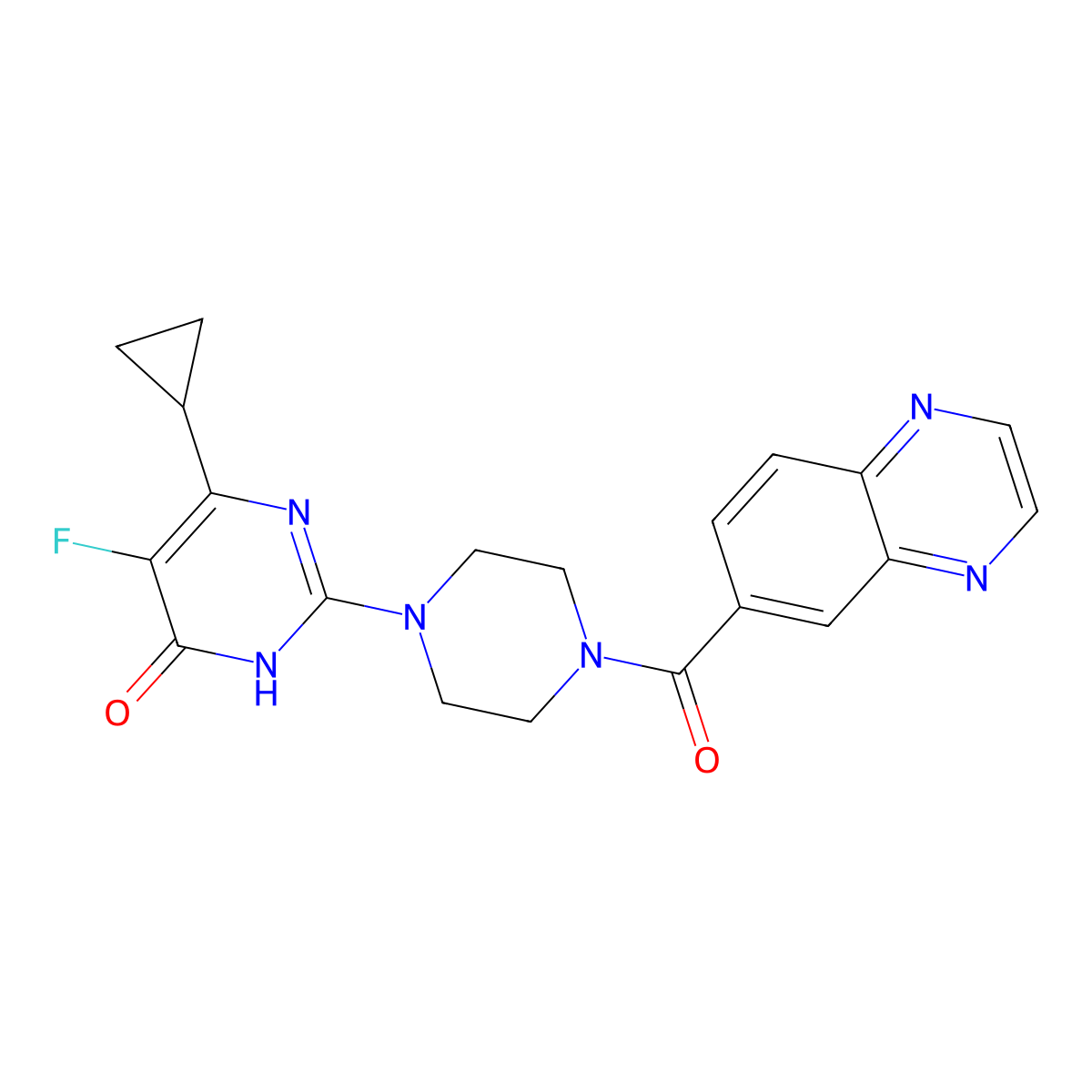6-Cyclopropyl-5-fluoro-2-[4-(quinoxaline-6-carbonyl)piperazin-1-yl]-3,4-dihydropyrimidin-4-one molecular structure, CAS 2549008-64-0