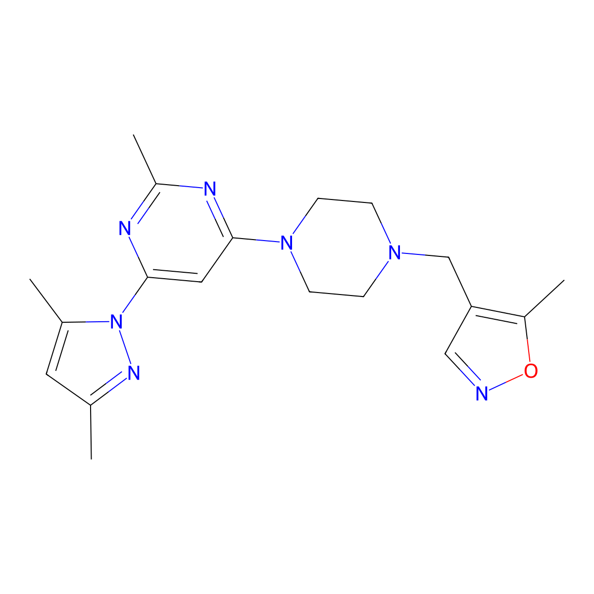 4-(3,5-dimethyl-1H-pyrazol-1-yl)-2-methyl-6-{4-[(5-methyl-1,2-oxazol-4-yl)methyl]piperazin-1-yl}pyrimidine molecular structure, CAS 2549008-65-1