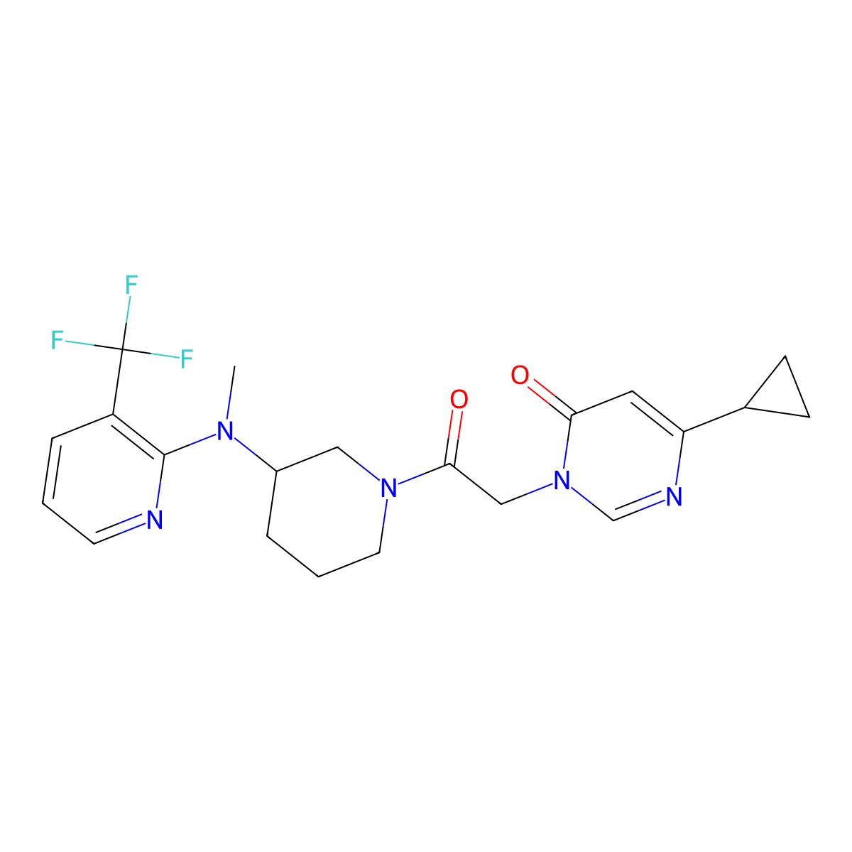 6-Cyclopropyl-3-[2-(3-{methyl[3-(trifluoromethyl)pyridin-2-yl]amino}piperidin-1-yl)-2-oxoethyl]-3,4-dihydropyrimidin-4-one molecular structure, CAS 2549009-00-7