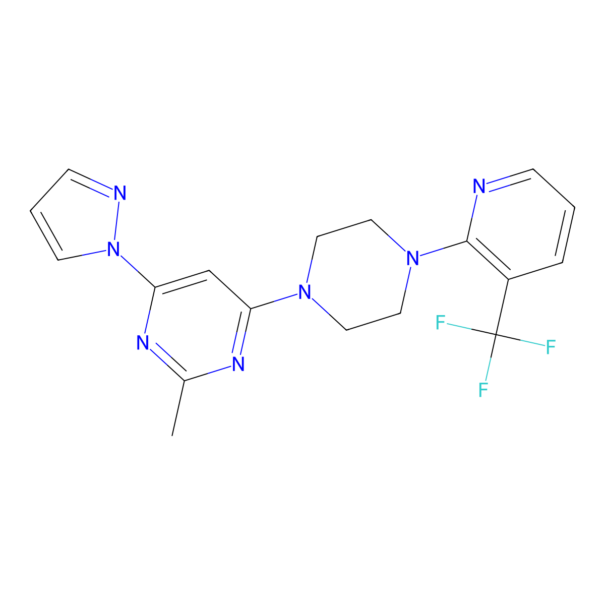 2-methyl-4-(1H-pyrazol-1-yl)-6-{4-[3-(trifluoromethyl)pyridin-2-yl]piperazin-1-yl}pyrimidine molecular structure, CAS 2549009-07-4