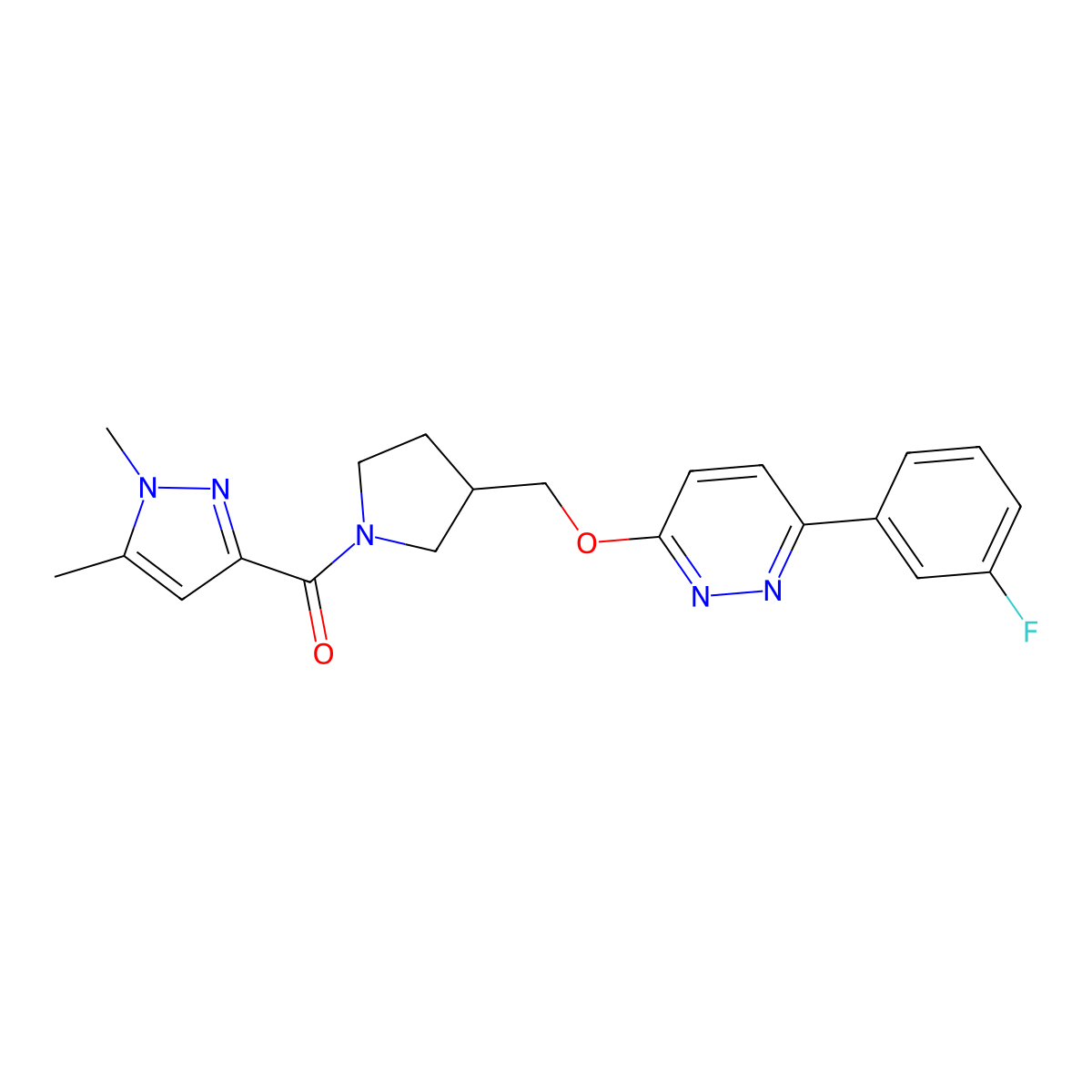 3-{[1-(1,5-dimethyl-1H-pyrazole-3-carbonyl)pyrrolidin-3-yl]methoxy}-6-(3-fluorophenyl)pyridazine molecular structure, CAS 2549009-18-7