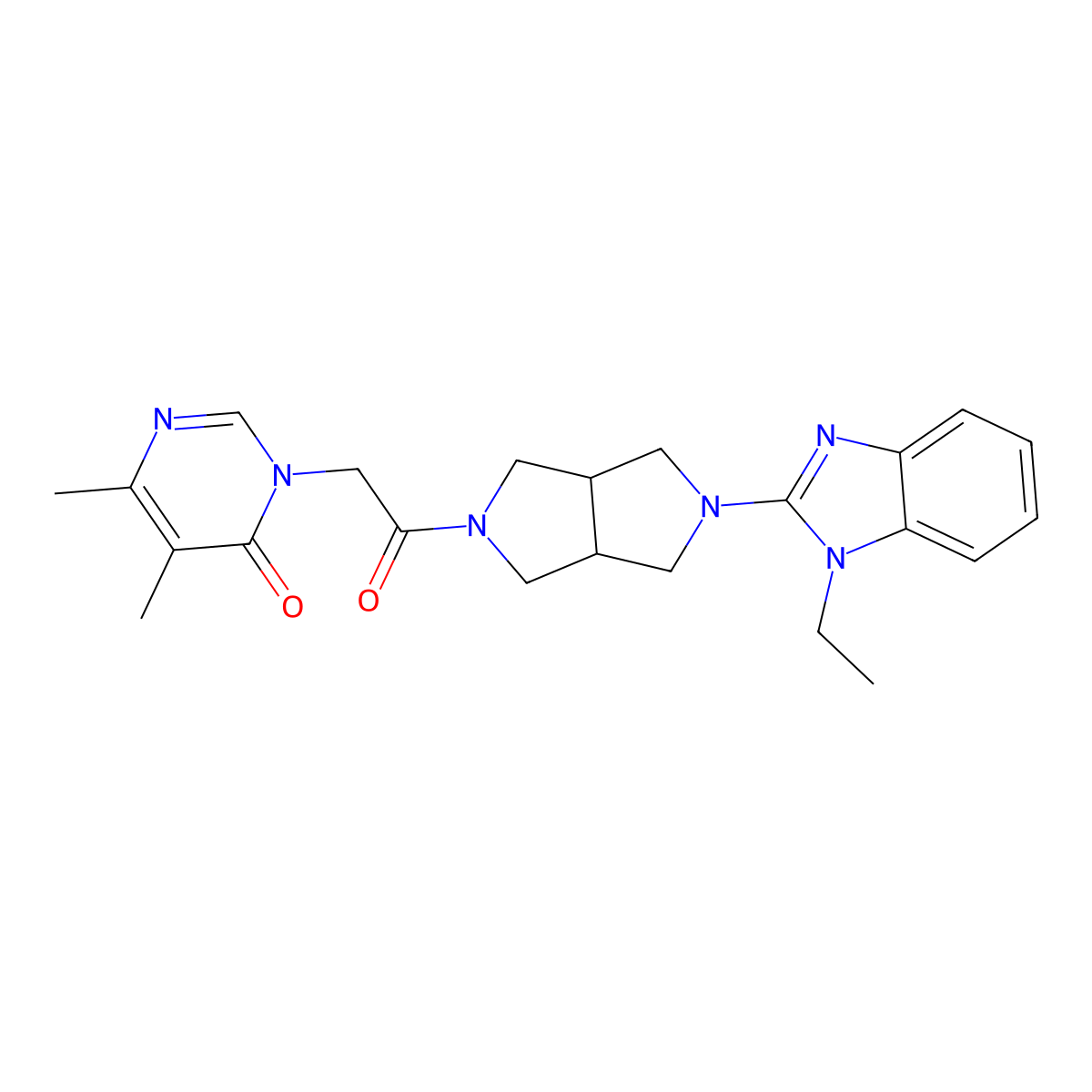 3-{2-[5-(1-ethyl-1H-1,3-benzodiazol-2-yl)-octahydropyrrolo[3,4-c]pyrrol-2-yl]-2-oxoethyl}-5,6-dimethyl-3,4-dihydropyrimidin-4-one molecular structure, CAS 2549009-23-4