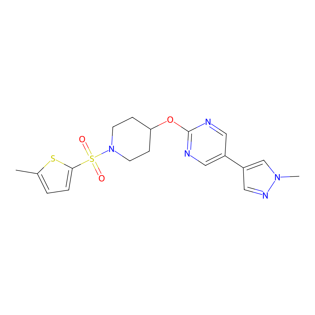 5-(1-methyl-1H-pyrazol-4-yl)-2-({1-[(5-methylthiophen-2-yl)sulfonyl]piperidin-4-yl}oxy)pyrimidine molecular structure, CAS 2549009-24-5