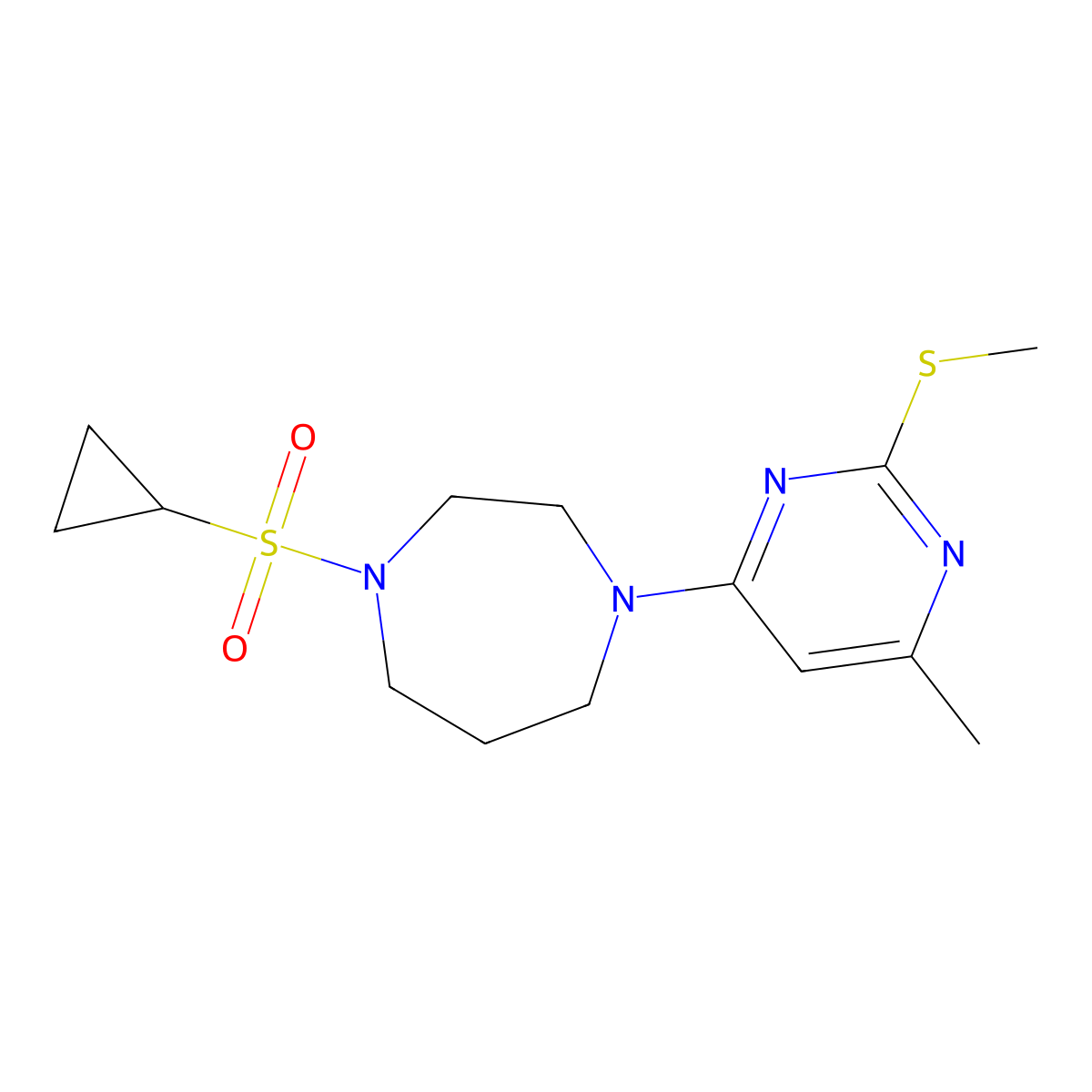 1-(Cyclopropanesulfonyl)-4-[6-methyl-2-(methylsulfanyl)pyrimidin-4-yl]-1,4-diazepane molecular structure, CAS 2549009-31-4