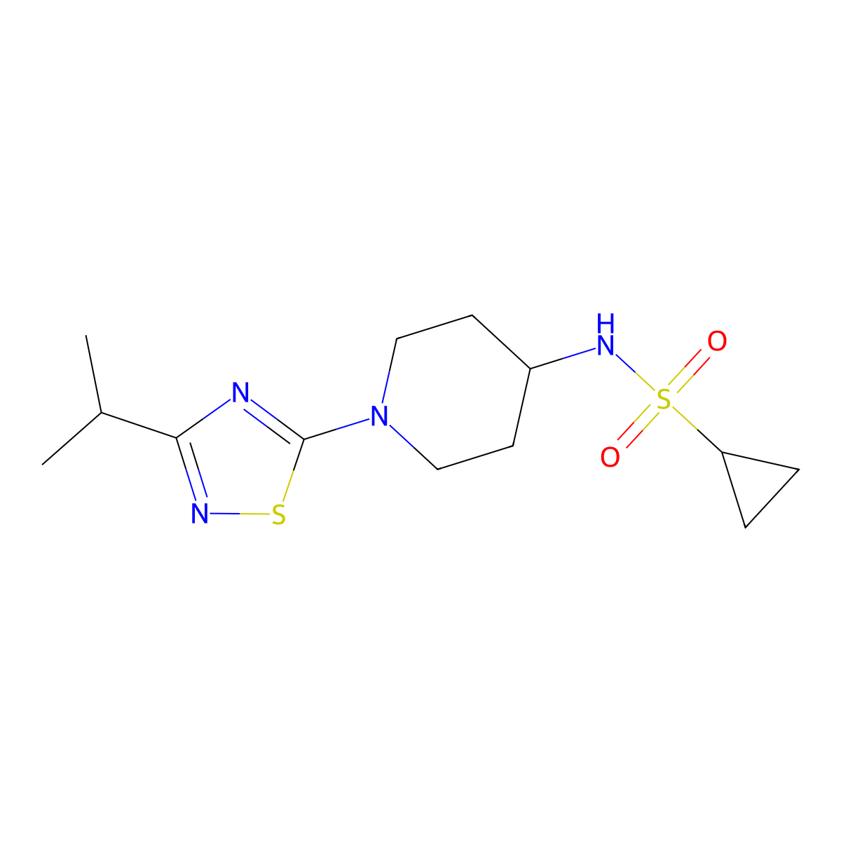 N-{1-[3-(propan-2-yl)-1,2,4-thiadiazol-5-yl]piperidin-4-yl}cyclopropanesulfonamide molecular structure, CAS 2549009-33-6