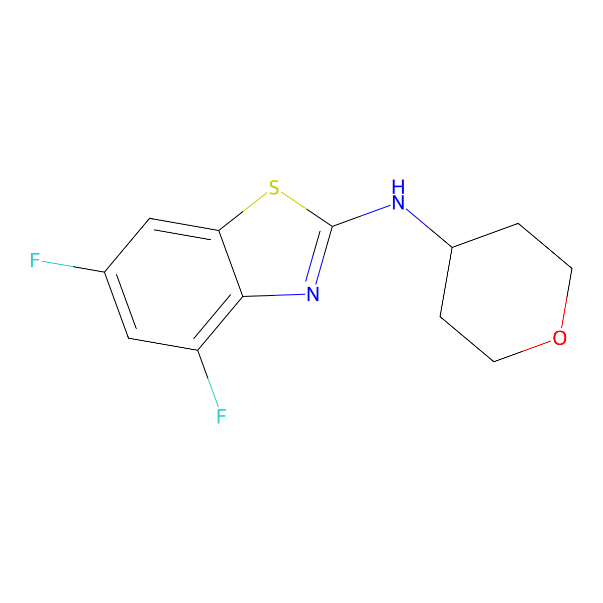 4,6-difluoro-N-(oxan-4-yl)-1,3-benzothiazol-2-amine molecular structure, CAS 2549009-60-9