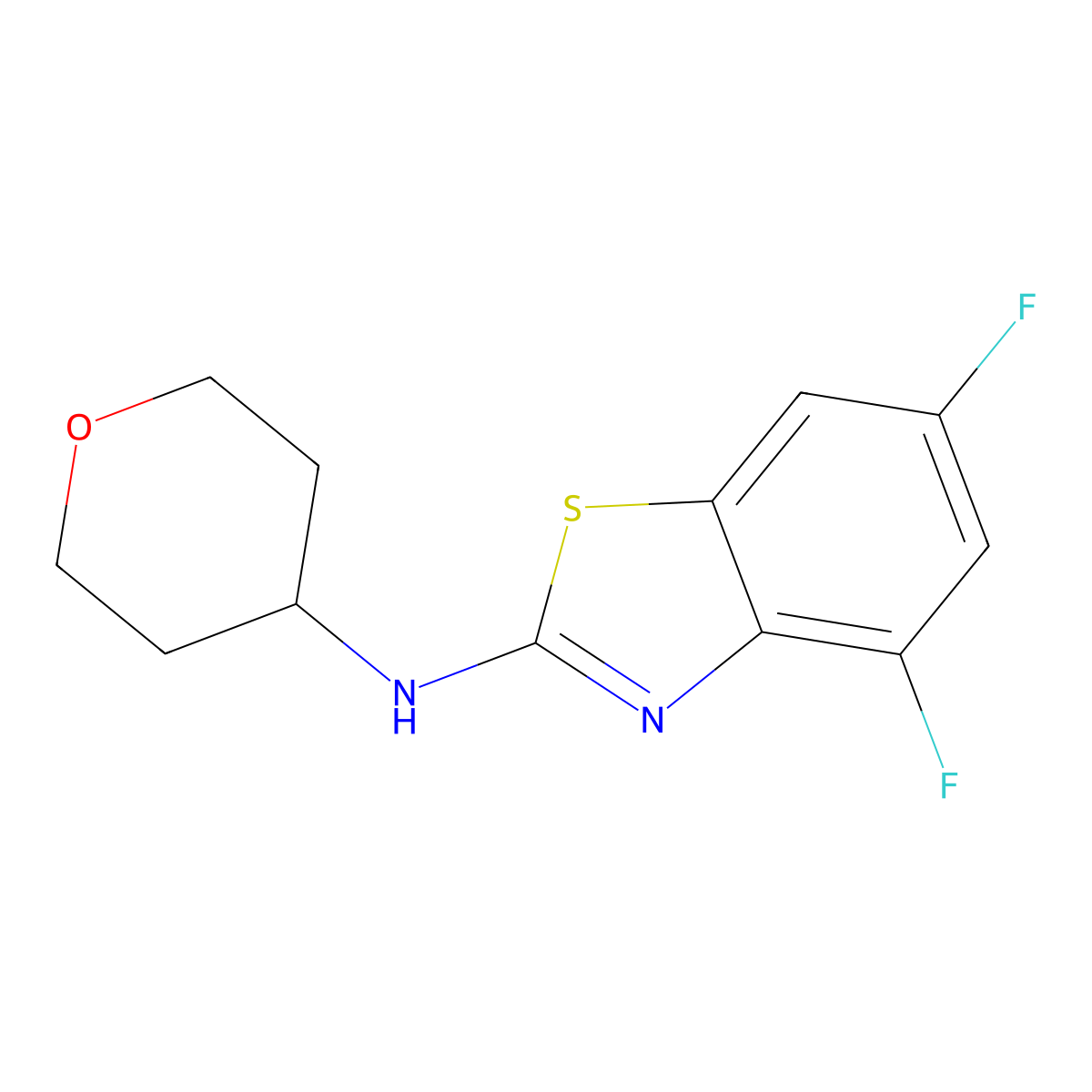 4,6-difluoro-N-(oxan-4-yl)-1,3-benzothiazol-2-amine molecular structure, CAS 2549009-60-9