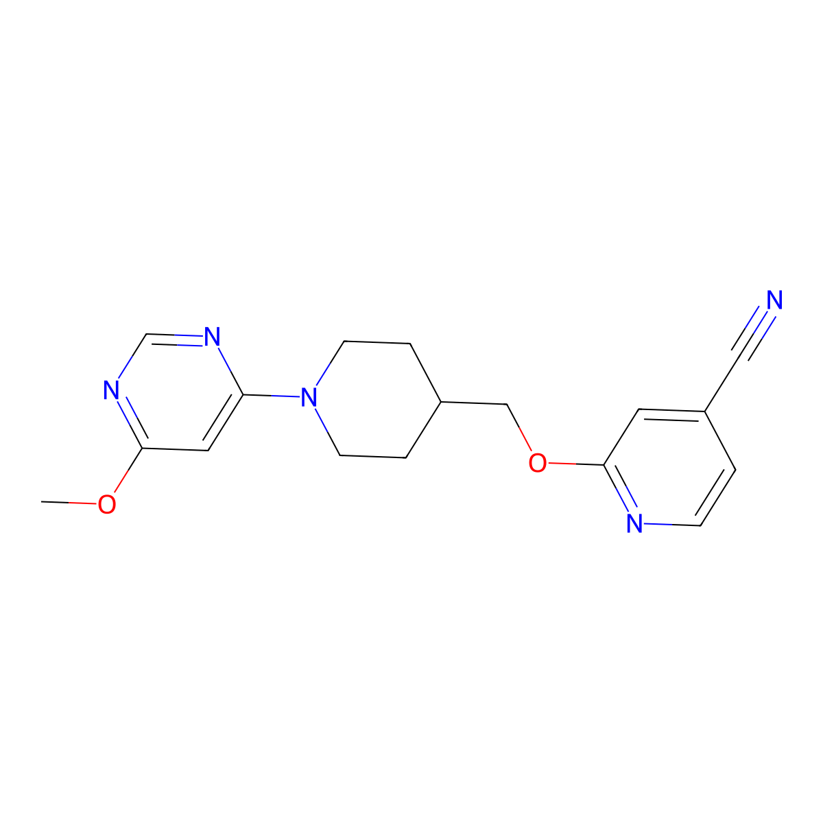 2-{[1-(6-Methoxypyrimidin-4-yl)piperidin-4-yl]methoxy}pyridine-4-carbonitrile molecular structure, CAS 2549009-66-5