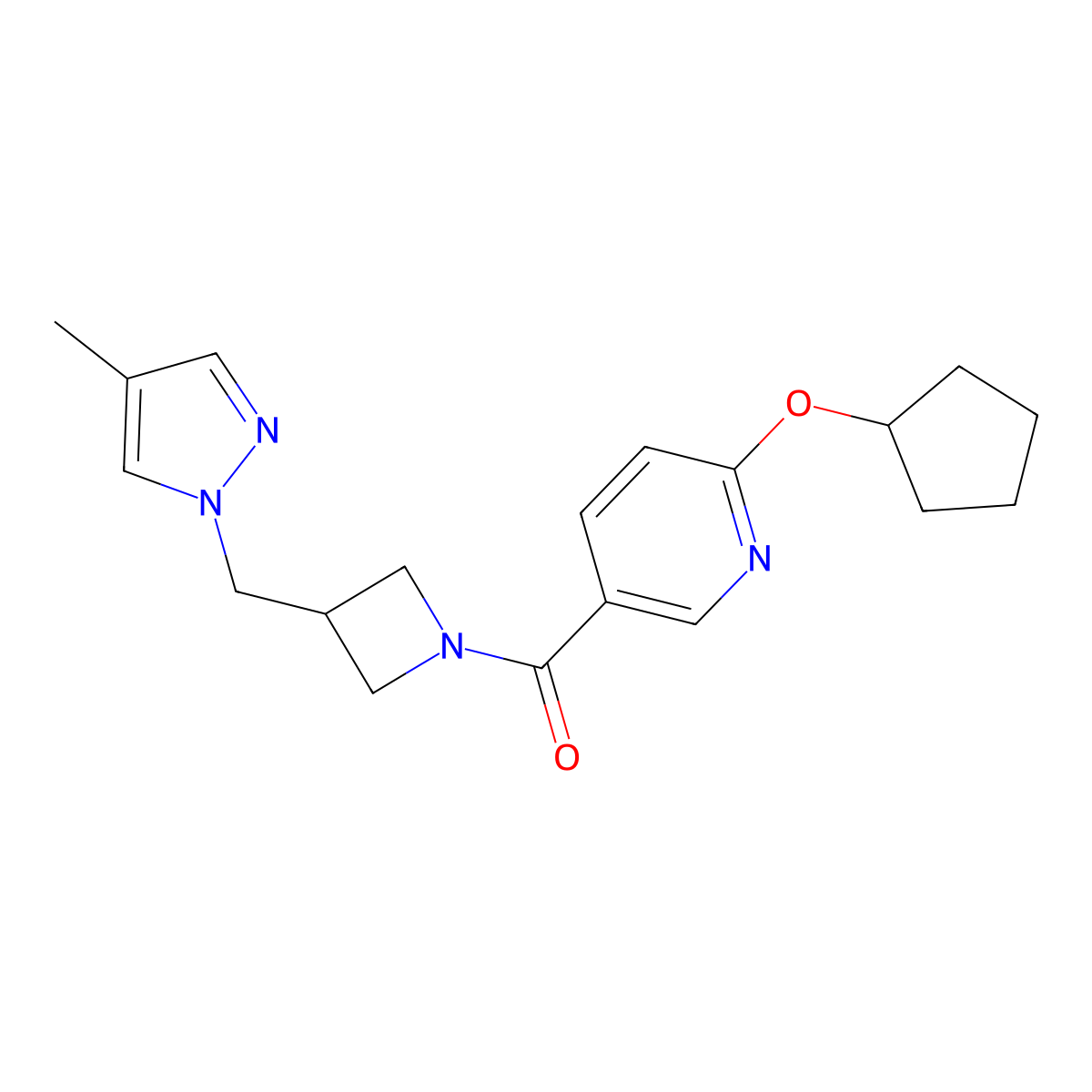 2-(cyclopentyloxy)-5-{3-[(4-methyl-1H-pyrazol-1-yl)methyl]azetidine-1-carbonyl}pyridine molecular structure, CAS 2549009-73-4