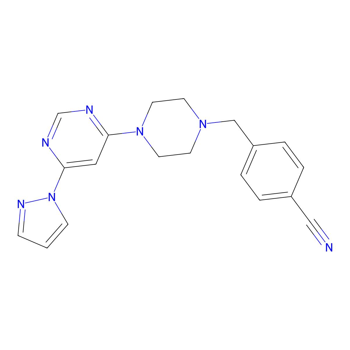 4-({4-[6-(1H-pyrazol-1-yl)pyrimidin-4-yl]piperazin-1-yl}methyl)benzonitrile molecular structure, CAS 2549009-84-7