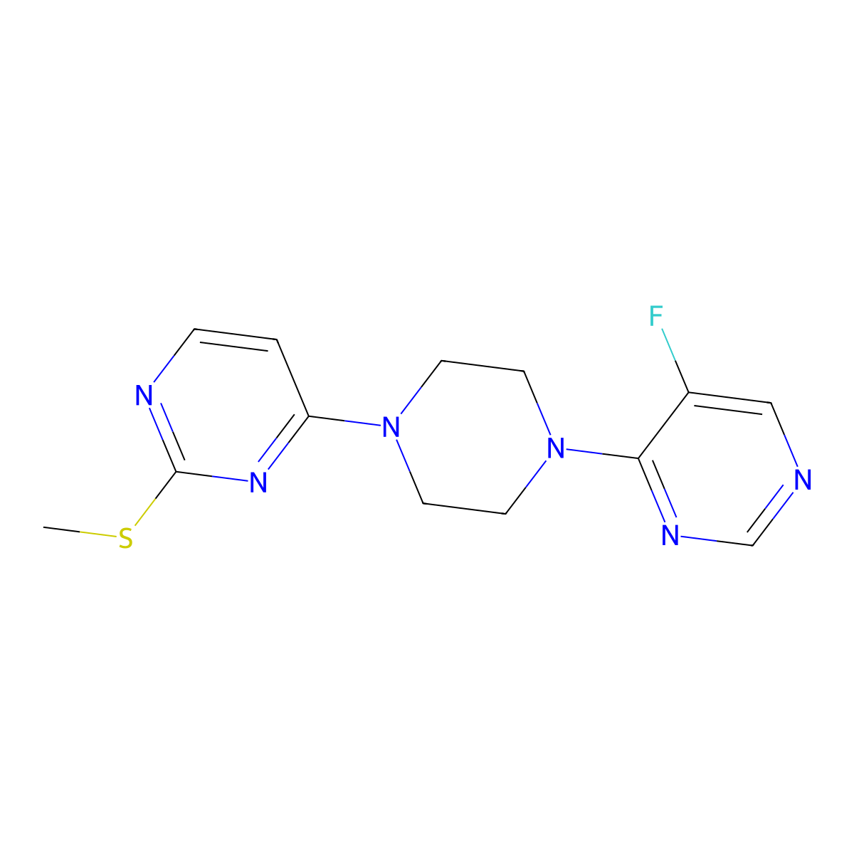 4-[4-(5-Fluoropyrimidin-4-yl)piperazin-1-yl]-2-(methylsulfanyl)pyrimidine molecular structure, CAS 2549009-85-8
