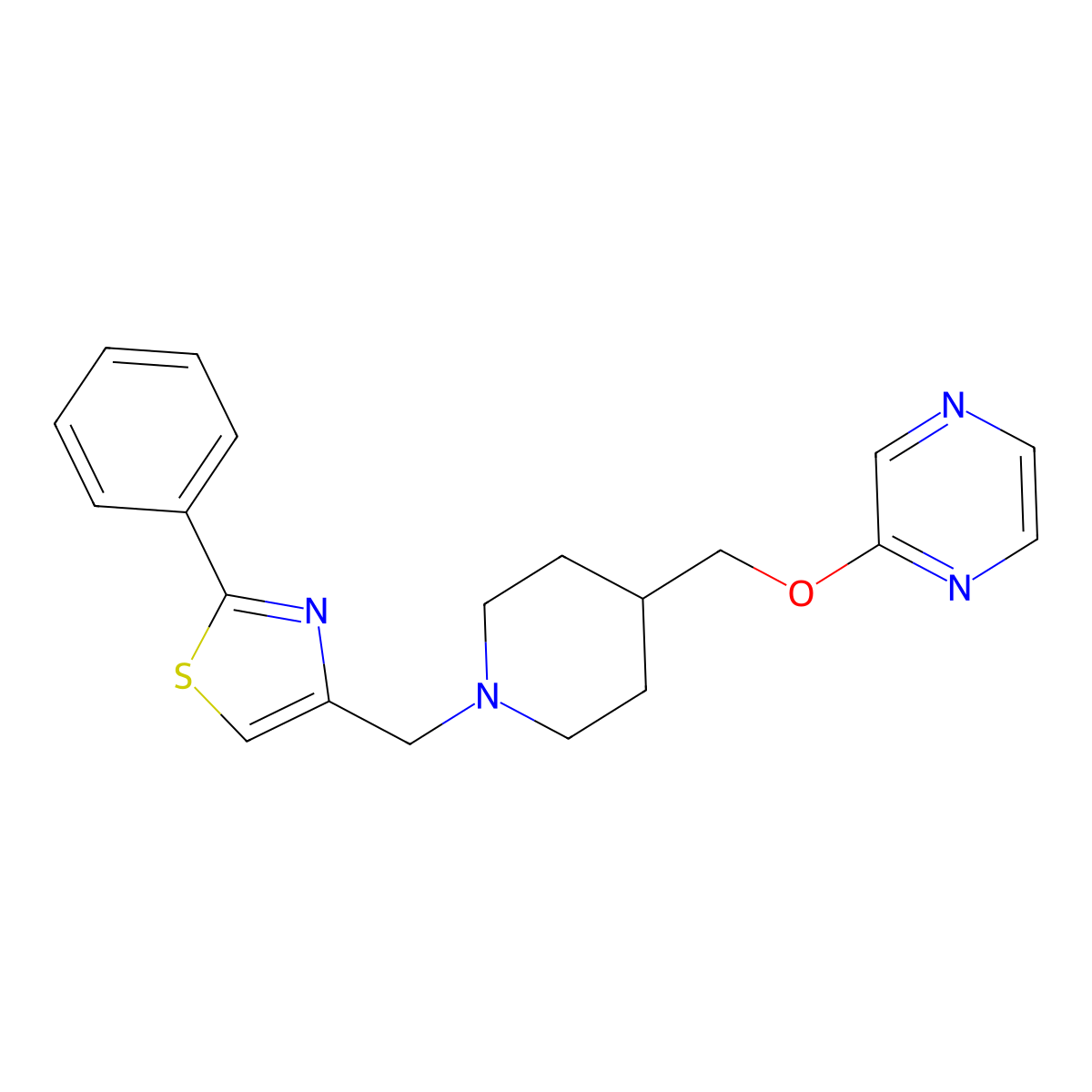 2-({1-[(2-Phenyl-1,3-thiazol-4-yl)methyl]piperidin-4-yl}methoxy)pyrazine molecular structure, CAS 2549010-07-1