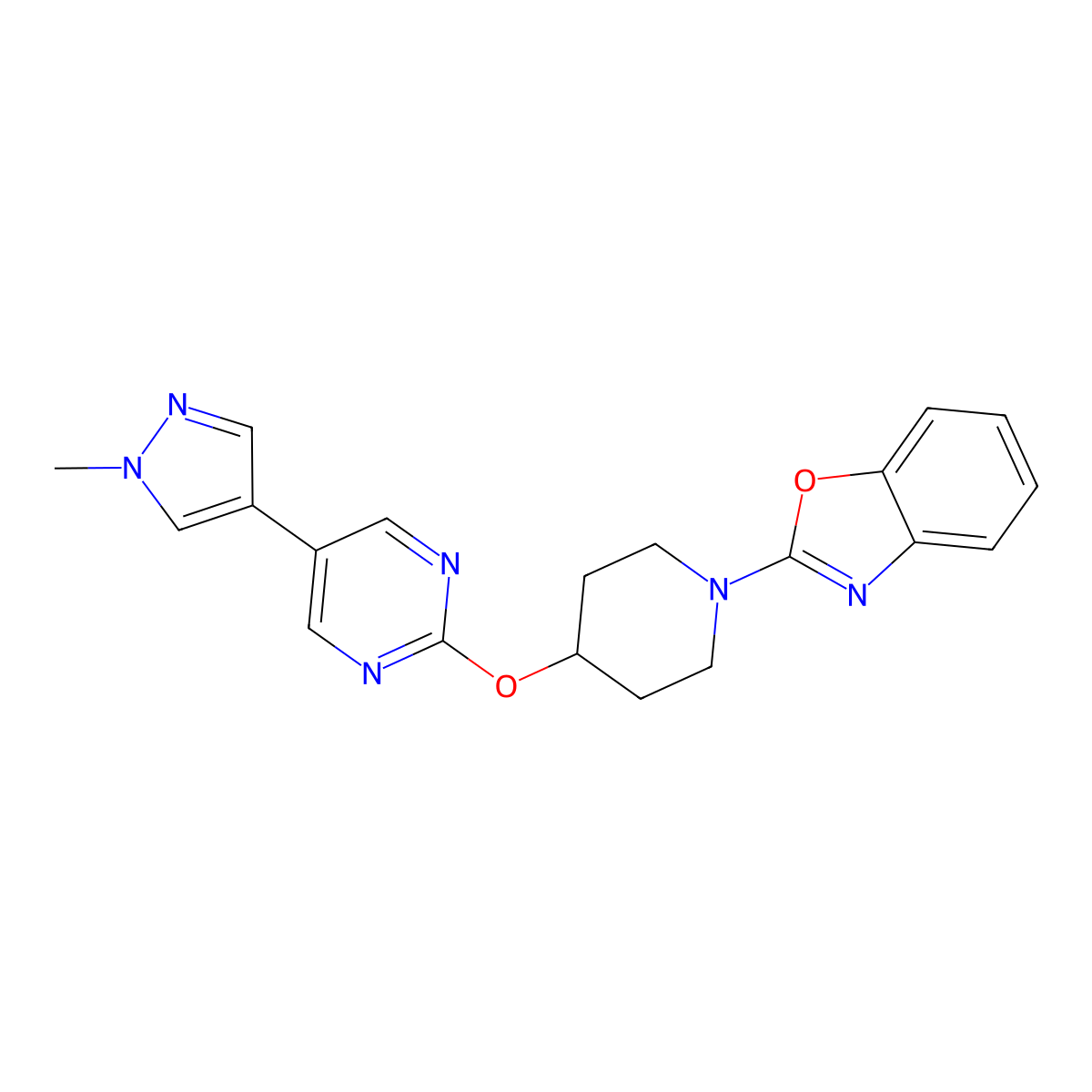 2-(4-{[5-(1-methyl-1H-pyrazol-4-yl)pyrimidin-2-yl]oxy}piperidin-1-yl)-1,3-benzoxazole molecular structure, CAS 2549010-15-1
