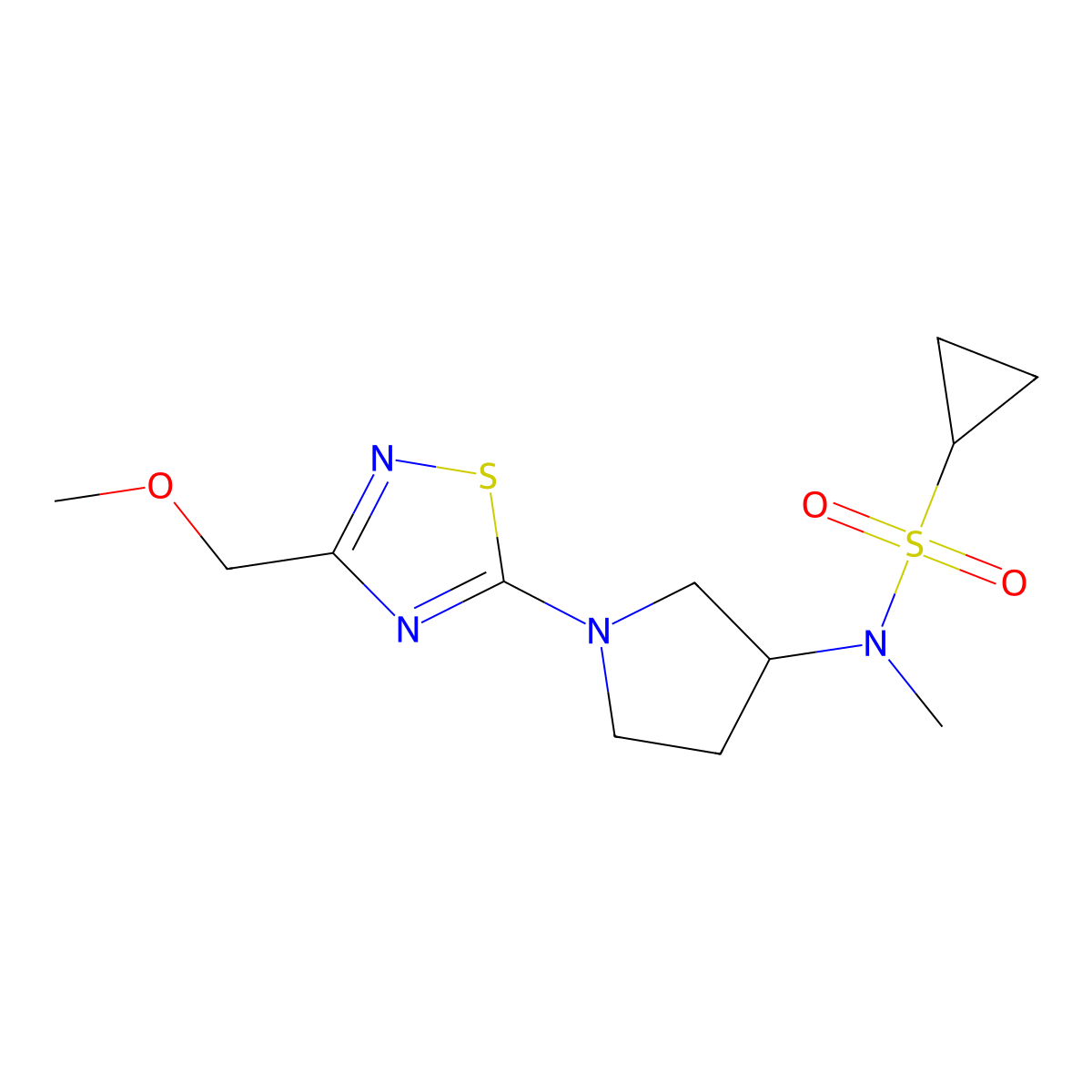 N-{1-[3-(methoxymethyl)-1,2,4-thiadiazol-5-yl]pyrrolidin-3-yl}-N-methylcyclopropanesulfonamide molecular structure, CAS 2549010-26-4