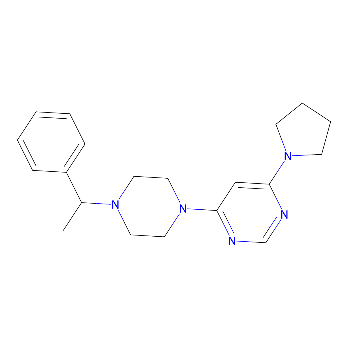 4-[4-(1-Phenylethyl)piperazin-1-yl]-6-(pyrrolidin-1-yl)pyrimidine molecular structure, CAS 2549010-28-6