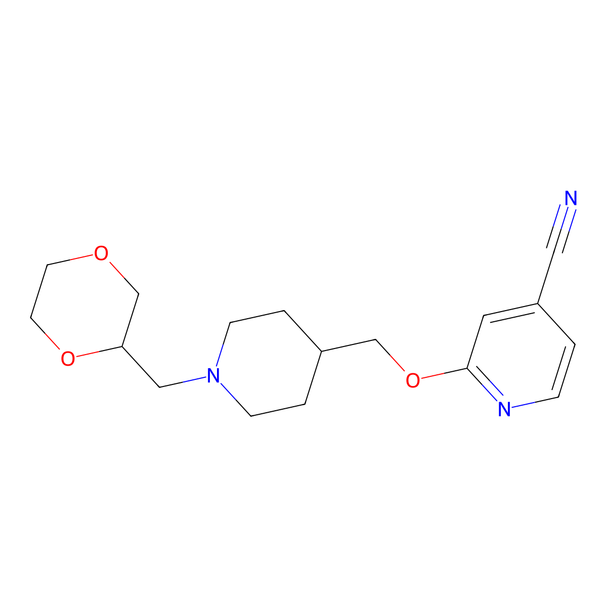 2-({1-[(1,4-Dioxan-2-yl)methyl]piperidin-4-yl}methoxy)pyridine-4-carbonitrile molecular structure, CAS 2549010-30-0