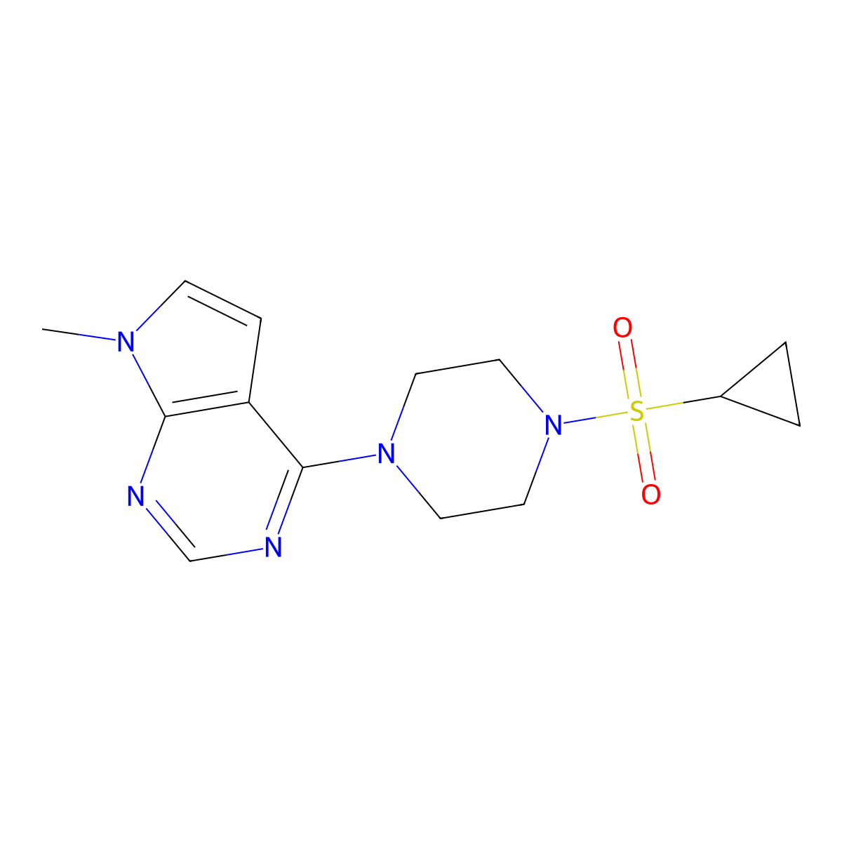 1-(cyclopropanesulfonyl)-4-{7-methyl-7H-pyrrolo[2,3-d]pyrimidin-4-yl}piperazine molecular structure, CAS 2549010-39-9