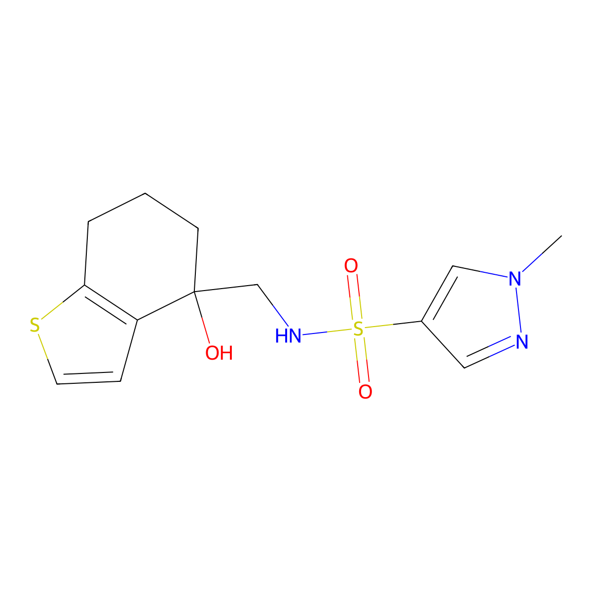 N-[(4-hydroxy-4,5,6,7-tetrahydro-1-benzothiophen-4-yl)methyl]-1-methyl-1H-pyrazole-4-sulfonamide molecular structure, CAS 2549010-41-3