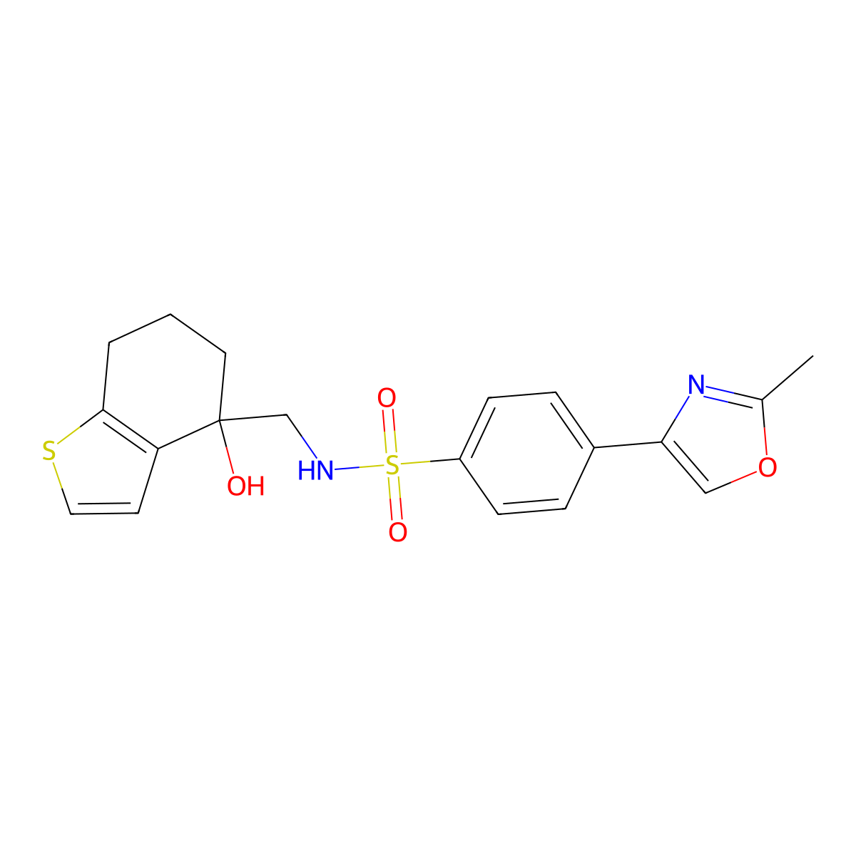 N-[(4-hydroxy-4,5,6,7-tetrahydro-1-benzothiophen-4-yl)methyl]-4-(2-methyl-1,3-oxazol-4-yl)benzene-1-sulfonamide molecular structure, CAS 2549010-42-4