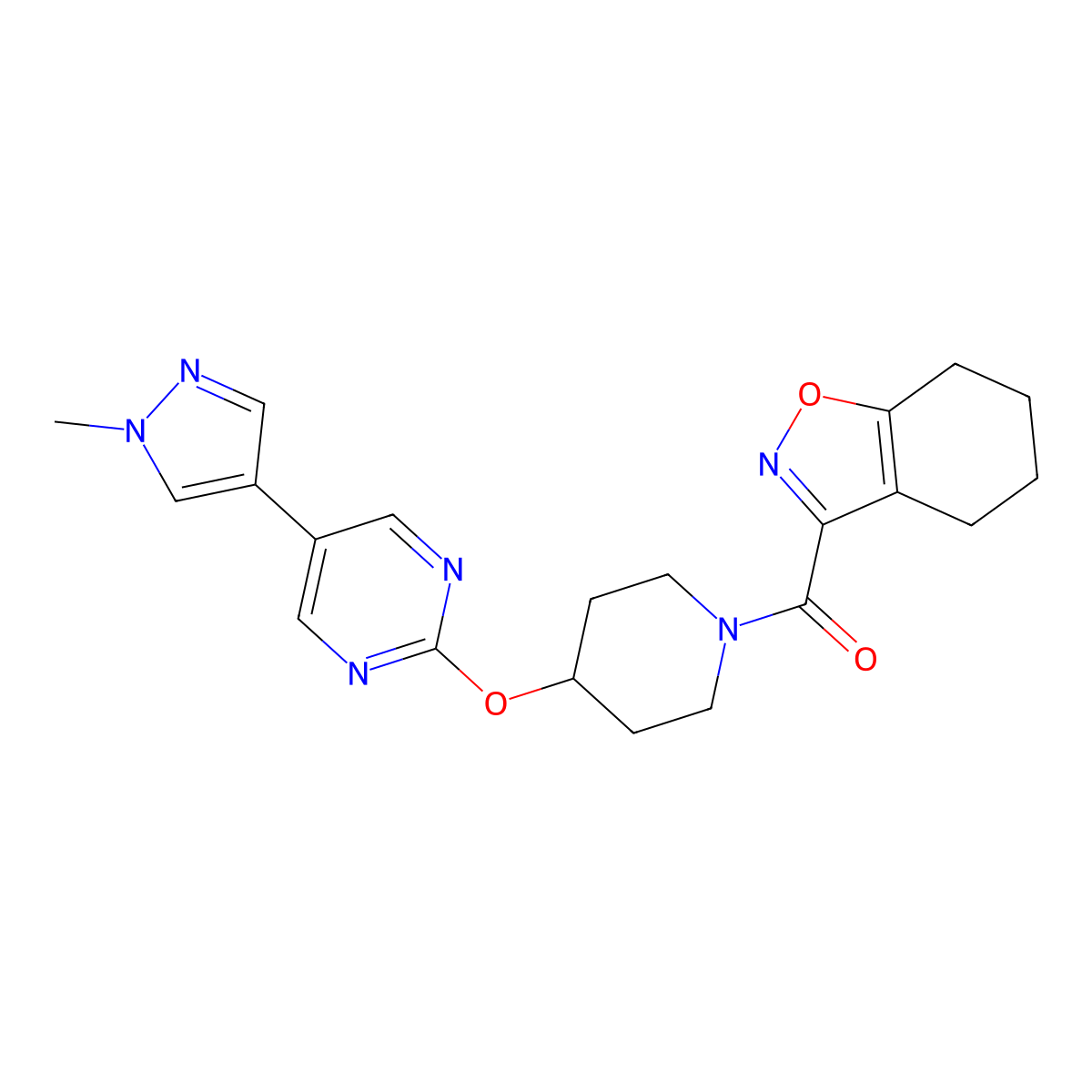 3-(4-{[5-(1-methyl-1H-pyrazol-4-yl)pyrimidin-2-yl]oxy}piperidine-1-carbonyl)-4,5,6,7-tetrahydro-1,2-benzoxazole molecular structure, CAS 2549010-48-0