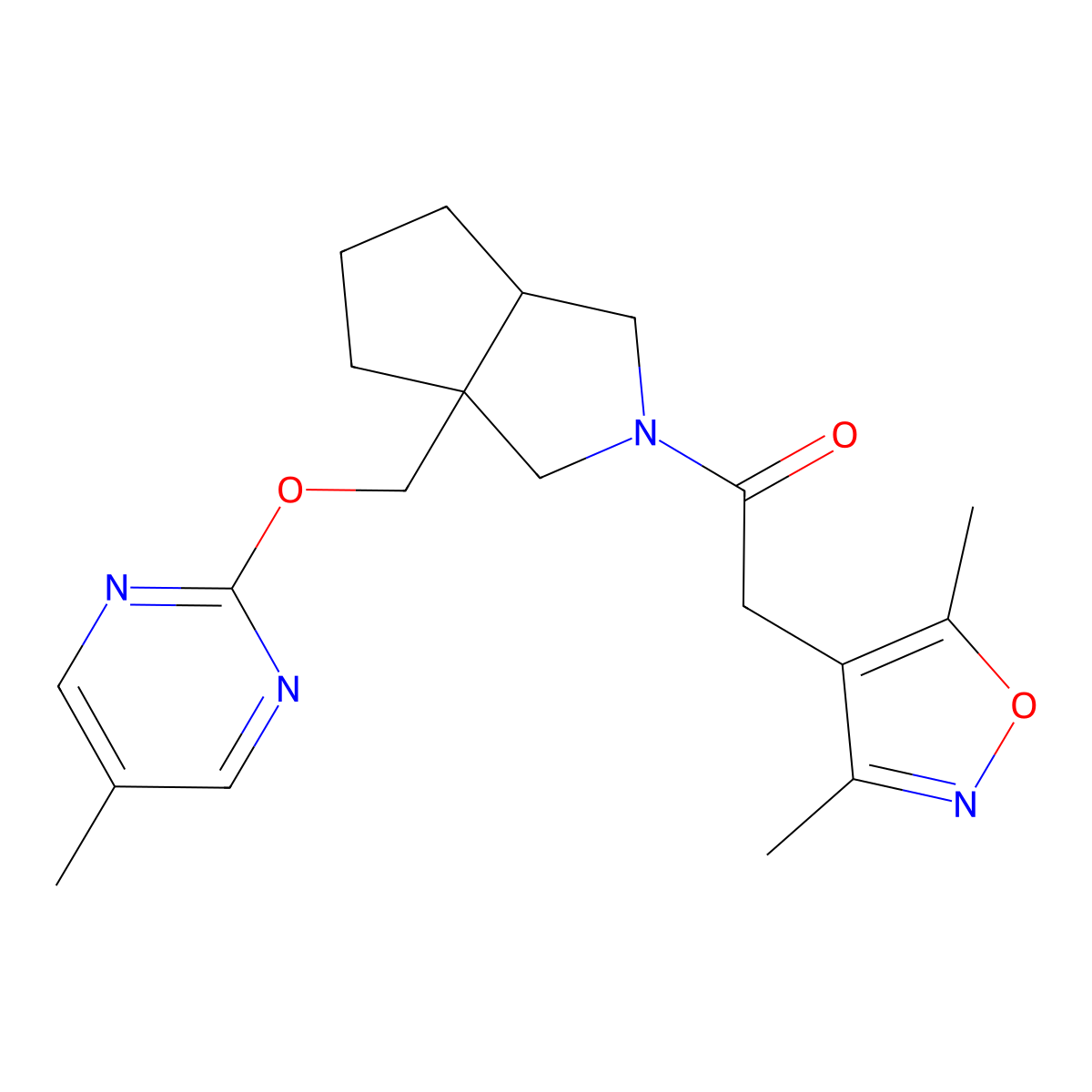 1-(3a-{[(5-Methylpyrimidin-2-yl)oxy]methyl}-octahydrocyclopenta[c]pyrrol-2-yl)-2-(3,5-dimethyl-1,2-oxazol-4-yl)ethan-1-one molecular structure, CAS 2549010-49-1