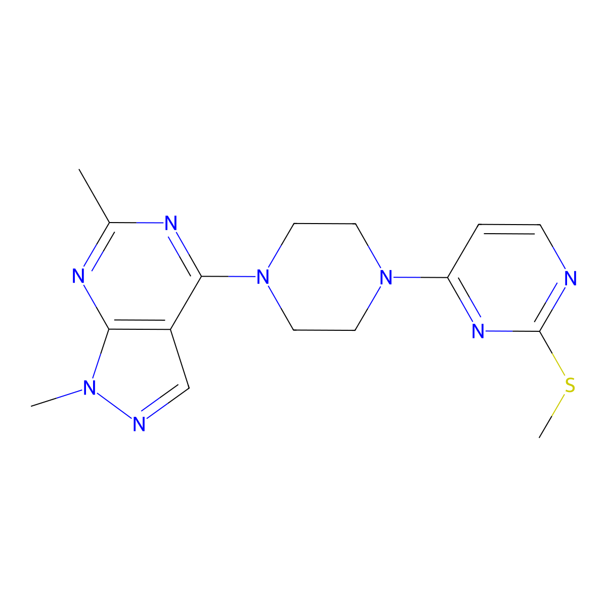 4-(4-{1,6-dimethyl-1H-pyrazolo[3,4-d]pyrimidin-4-yl}piperazin-1-yl)-2-(methylsulfanyl)pyrimidine molecular structure, CAS 2549010-79-7