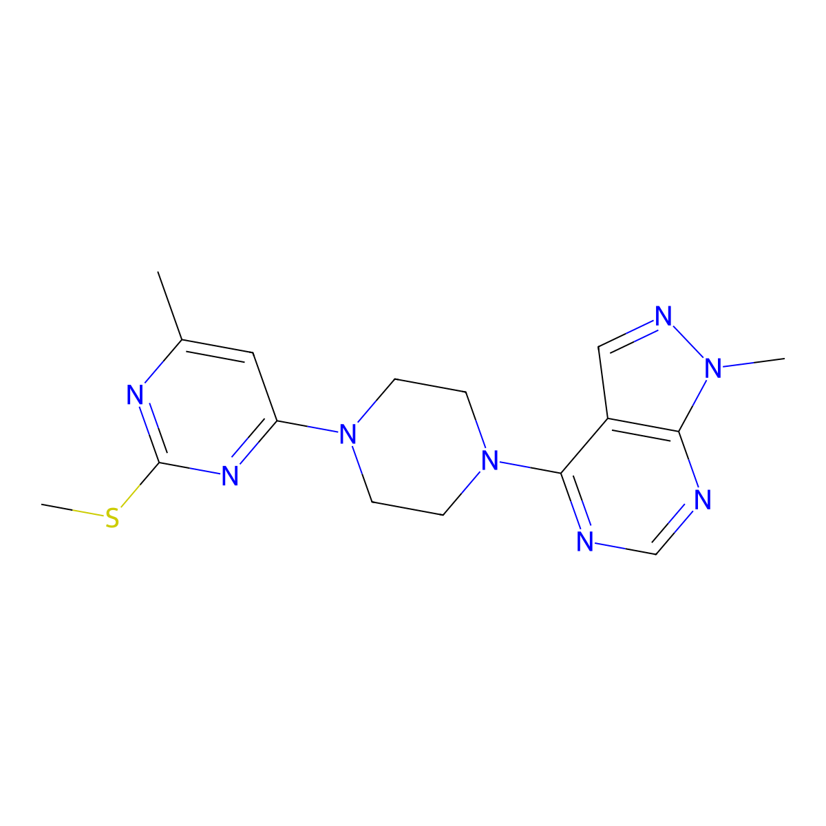4-methyl-6-(4-{1-methyl-1H-pyrazolo[3,4-d]pyrimidin-4-yl}piperazin-1-yl)-2-(methylsulfanyl)pyrimidine molecular structure, CAS 2549010-83-3