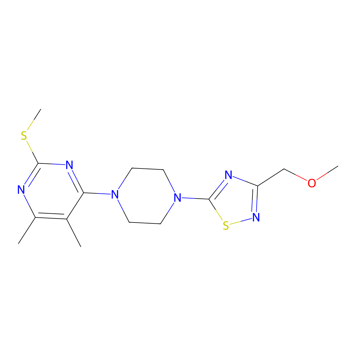4-{4-[3-(Methoxymethyl)-1,2,4-thiadiazol-5-yl]piperazin-1-yl}-5,6-dimethyl-2-(methylsulfanyl)pyrimidine molecular structure, CAS 2549010-86-6