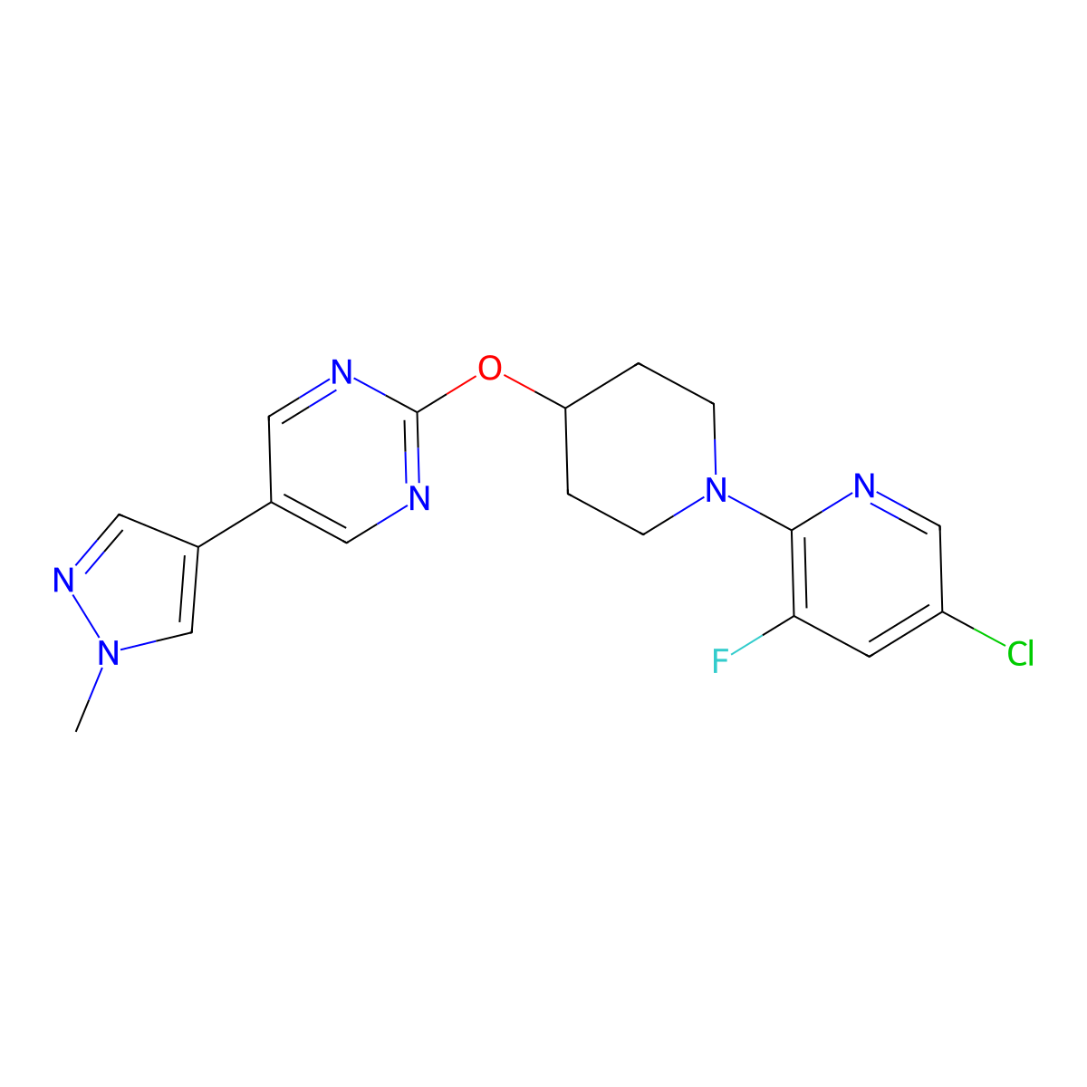 2-{[1-(5-chloro-3-fluoropyridin-2-yl)piperidin-4-yl]oxy}-5-(1-methyl-1H-pyrazol-4-yl)pyrimidine molecular structure, CAS 2549010-99-1