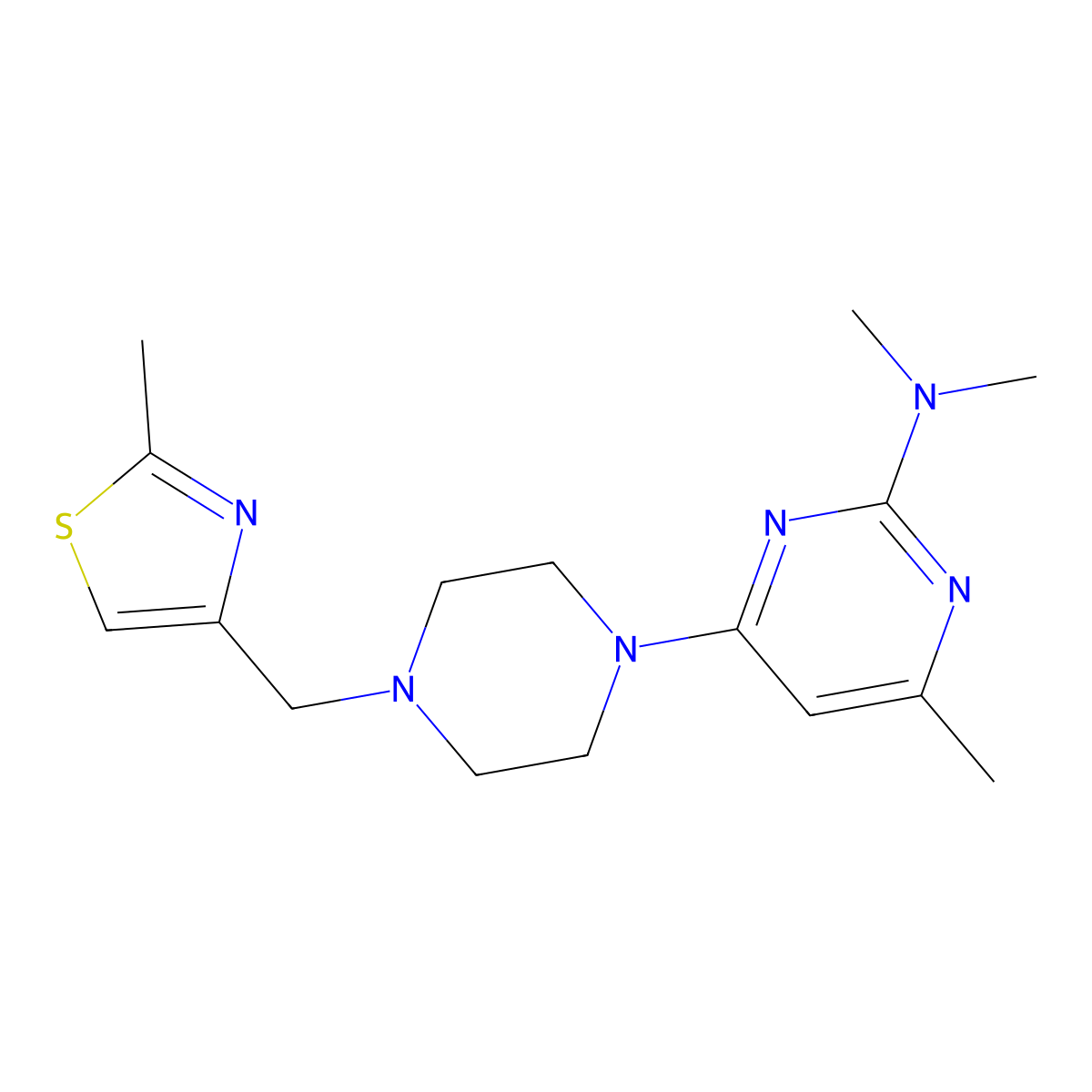 N,N,4-trimethyl-6-{4-[(2-methyl-1,3-thiazol-4-yl)methyl]piperazin-1-yl}pyrimidin-2-amine molecular structure, CAS 2549011-02-9