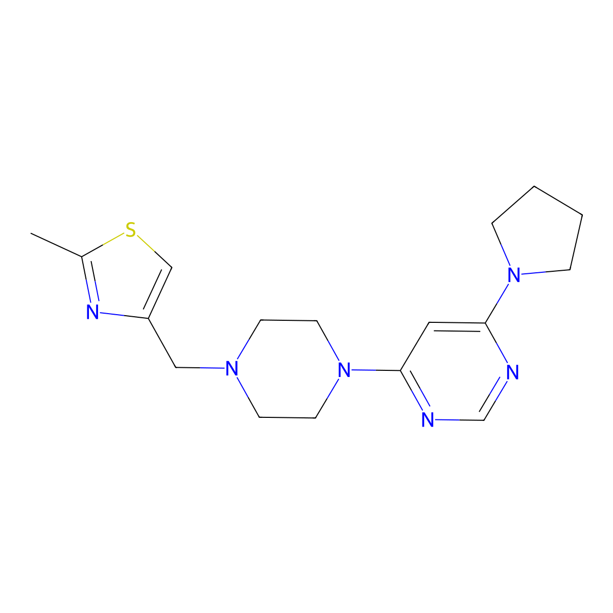 4-{4-[(2-Methyl-1,3-thiazol-4-yl)methyl]piperazin-1-yl}-6-(pyrrolidin-1-yl)pyrimidine molecular structure, CAS 2549011-06-3
