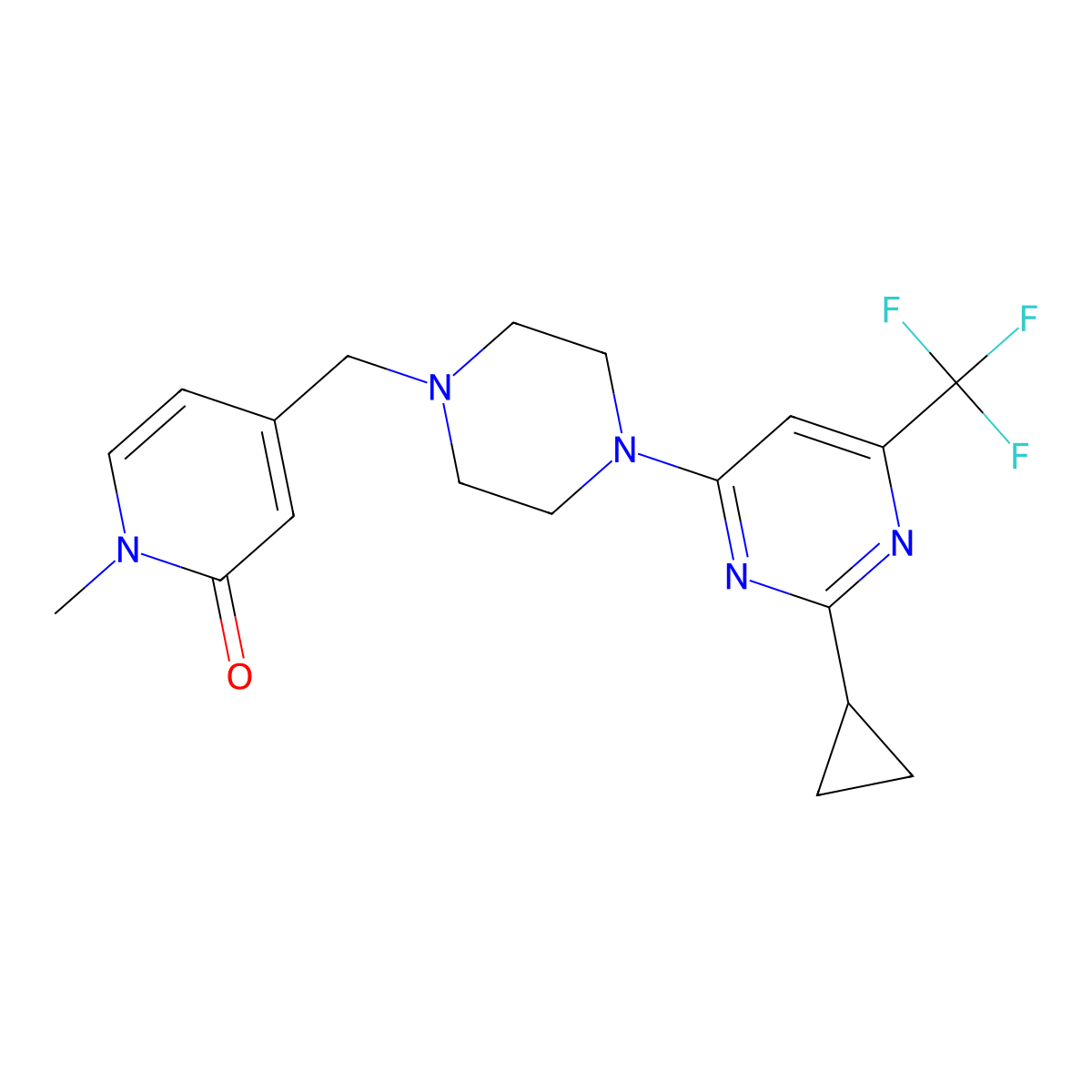 4-({4-[2-Cyclopropyl-6-(trifluoromethyl)pyrimidin-4-yl]piperazin-1-yl}methyl)-1-methyl-1,2-dihydropyridin-2-one molecular structure, CAS 2549011-07-4