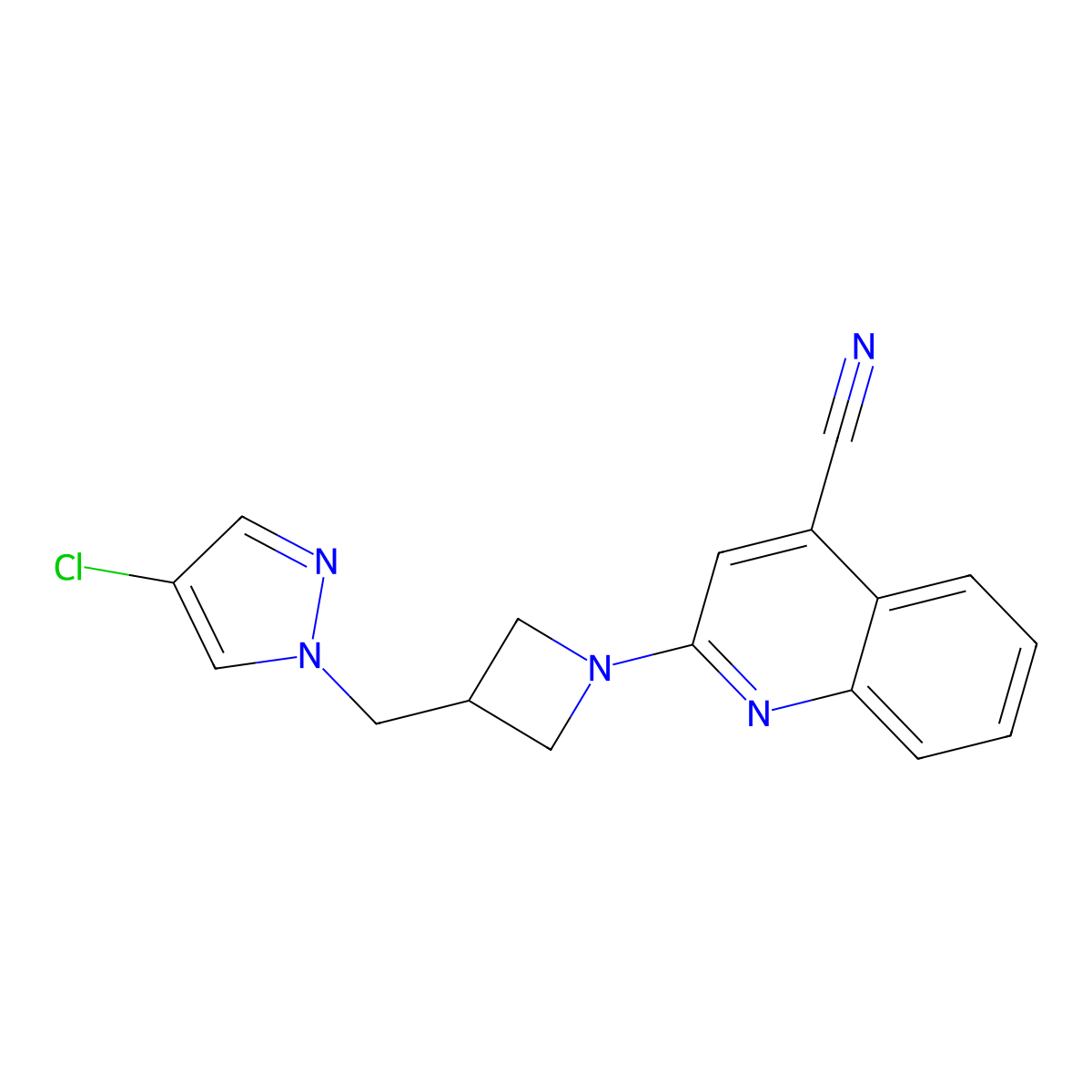 2-{3-[(4-chloro-1H-pyrazol-1-yl)methyl]azetidin-1-yl}quinoline-4-carbonitrile molecular structure, CAS 2549011-08-5