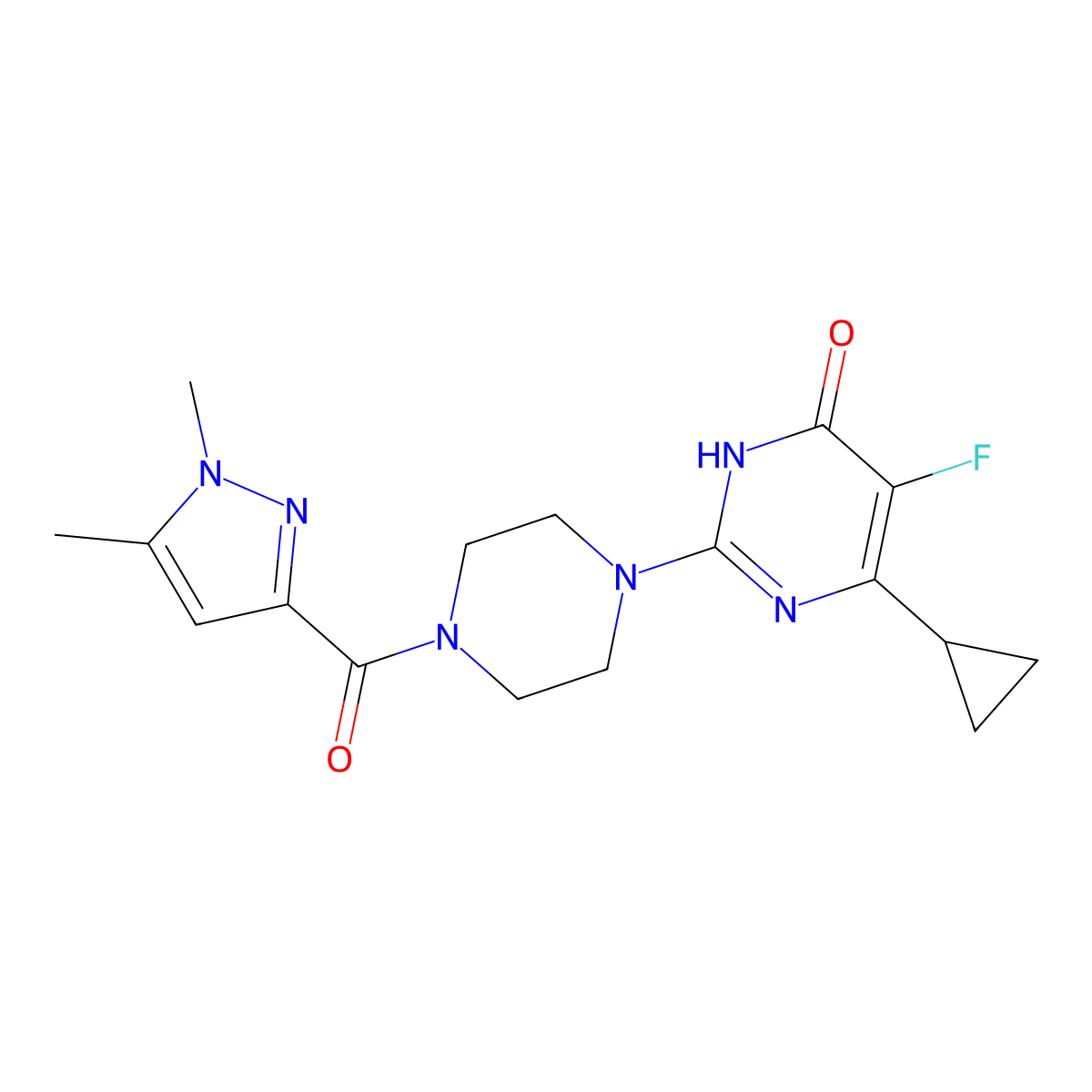 6-cyclopropyl-2-[4-(1,5-dimethyl-1H-pyrazole-3-carbonyl)piperazin-1-yl]-5-fluoro-3,4-dihydropyrimidin-4-one molecular structure, CAS 2549011-16-5