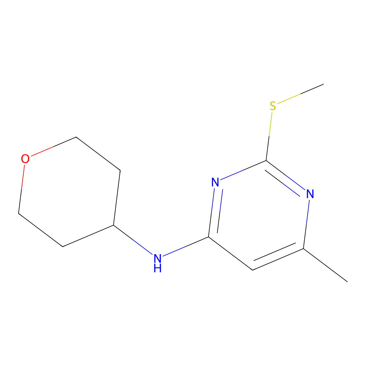 6-methyl-2-(methylsulfanyl)-N-(oxan-4-yl)pyrimidin-4-amine molecular structure, CAS 2549011-19-8
