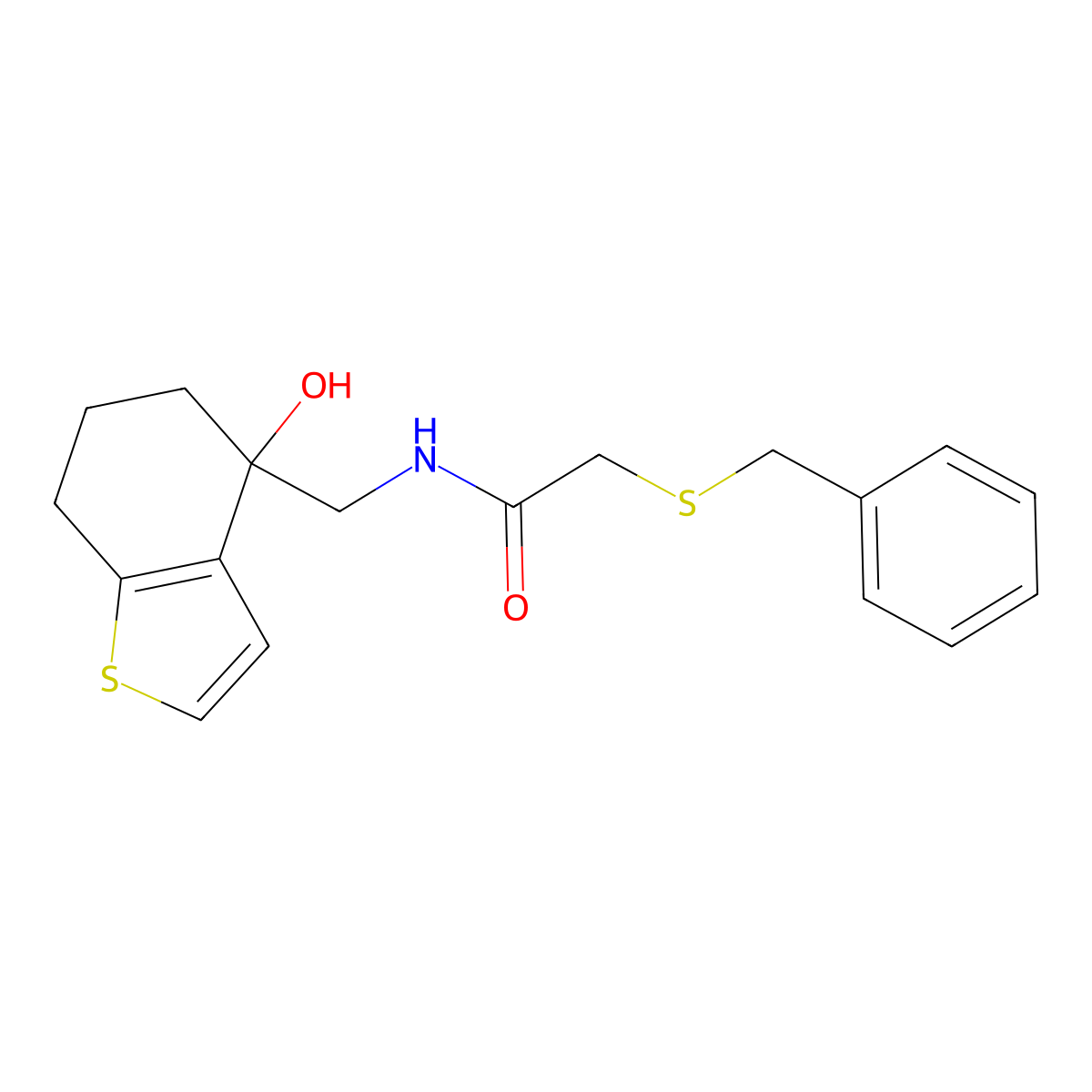 2-(benzylsulfanyl)-N-[(4-hydroxy-4,5,6,7-tetrahydro-1-benzothiophen-4-yl)methyl]acetamide molecular structure, CAS 2549011-20-1