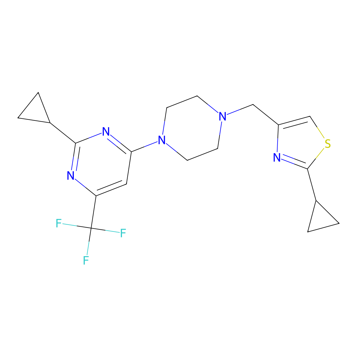 2-Cyclopropyl-4-{4-[(2-cyclopropyl-1,3-thiazol-4-yl)methyl]piperazin-1-yl}-6-(trifluoromethyl)pyrimidine molecular structure, CAS 2549011-47-2
